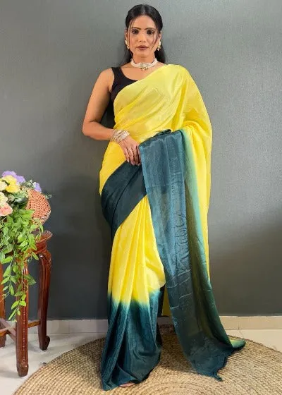 1 Min Alia Bhatt Style Yellow Soft Chinnon Stitched Readymade Saree