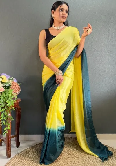 1 Min Alia Bhatt Style Yellow Soft Chinnon Stitched Readymade Saree