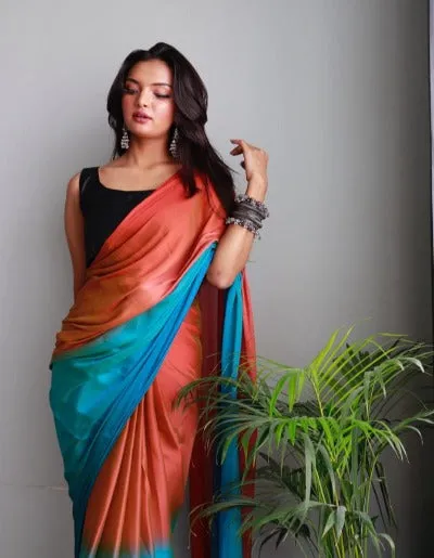 1 Min Orange & Blue Dual Tone Georgette Stitched Readymade Saree