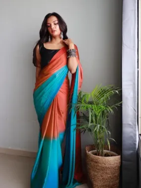 1 Min Orange & Blue Dual Tone Georgette Stitched Readymade Saree