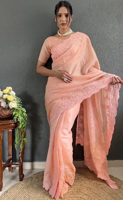 1 Min Peach Soft Kota Doriya Stitched Readymade Saree