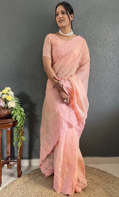 1 Min Peach Soft Kota Doriya Stitched Readymade Saree