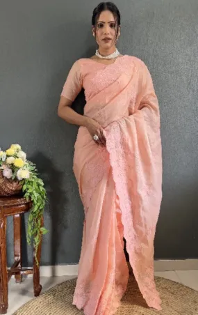 1 Min Peach Soft Kota Doriya Stitched Readymade Saree