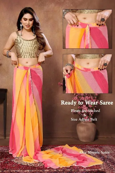 1 Min Yellow & Pink Georgette Stitched Readymade Saree