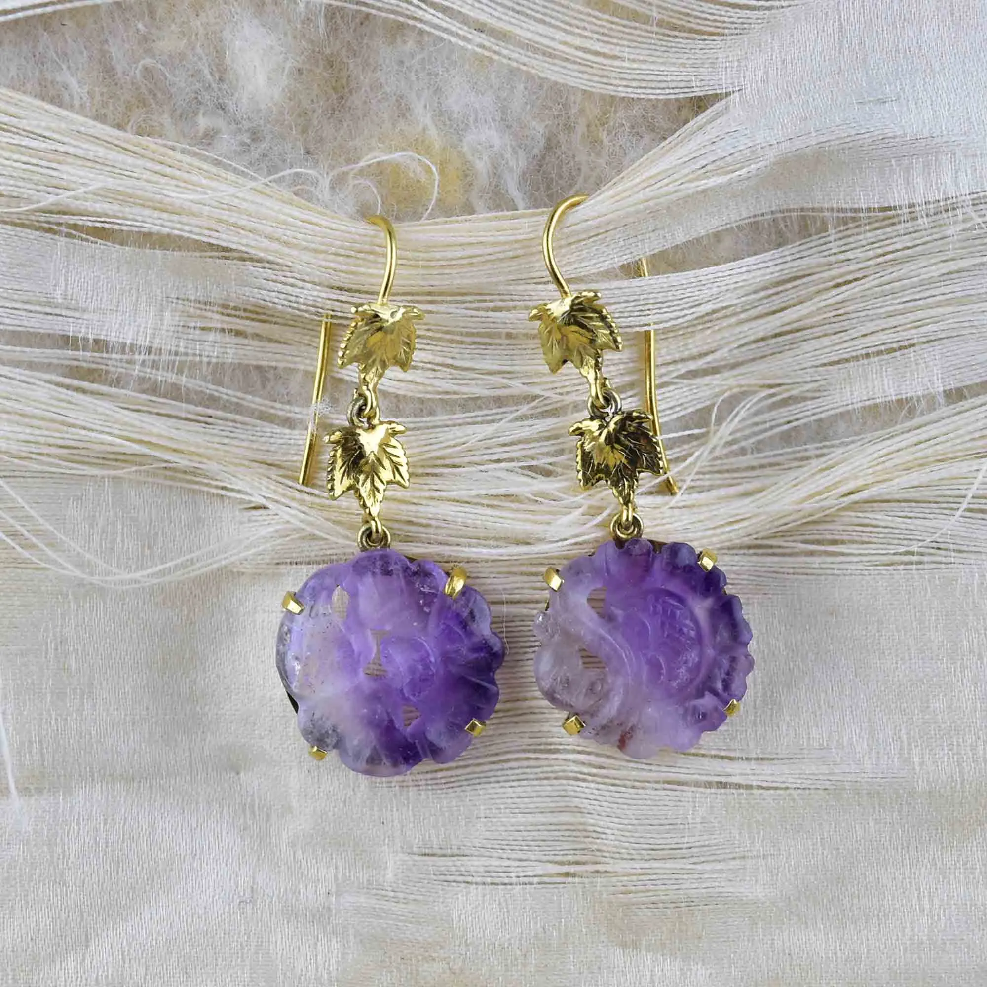 14K Gold Maple Leaf Carved Amethyst Drop Earrings