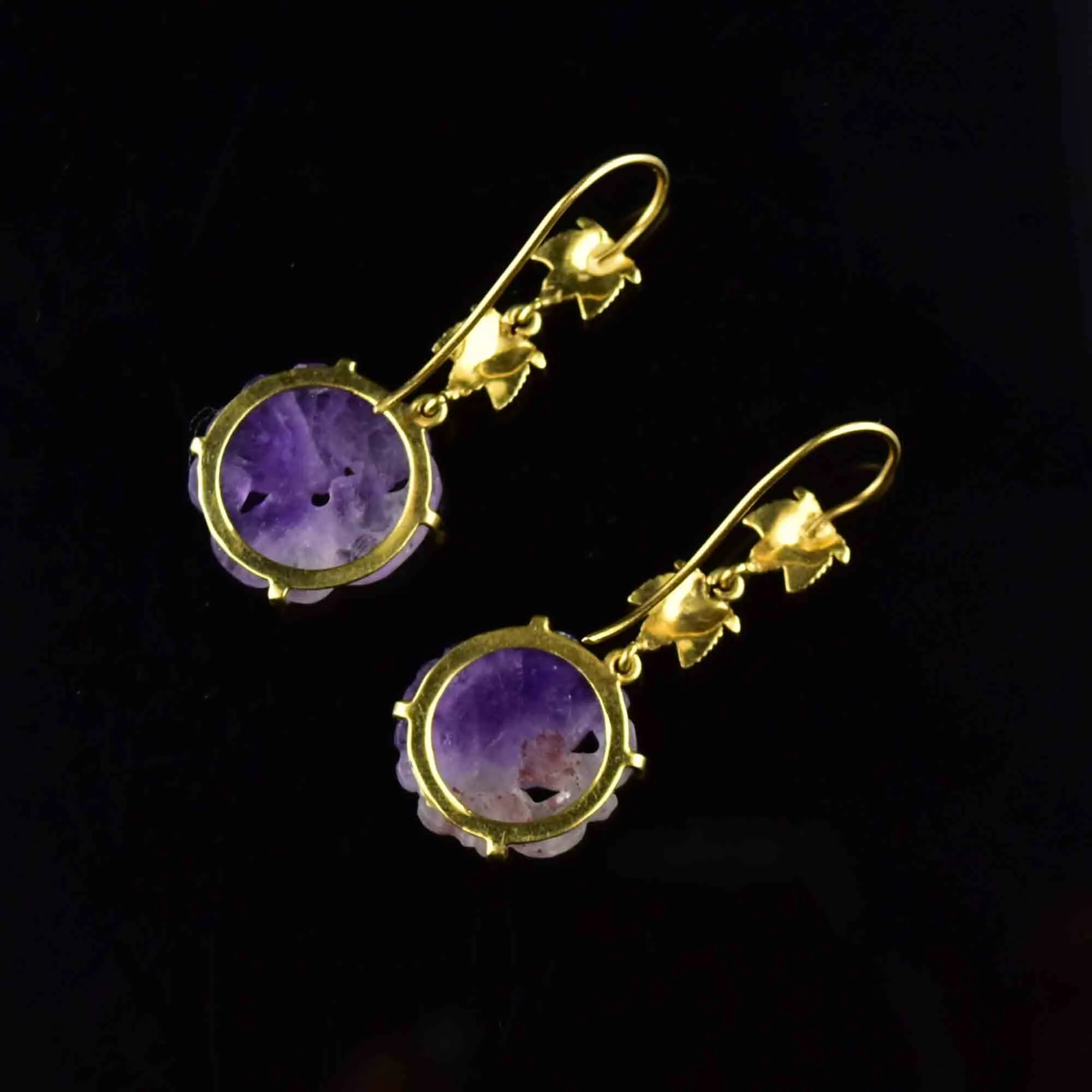 14K Gold Maple Leaf Carved Amethyst Drop Earrings