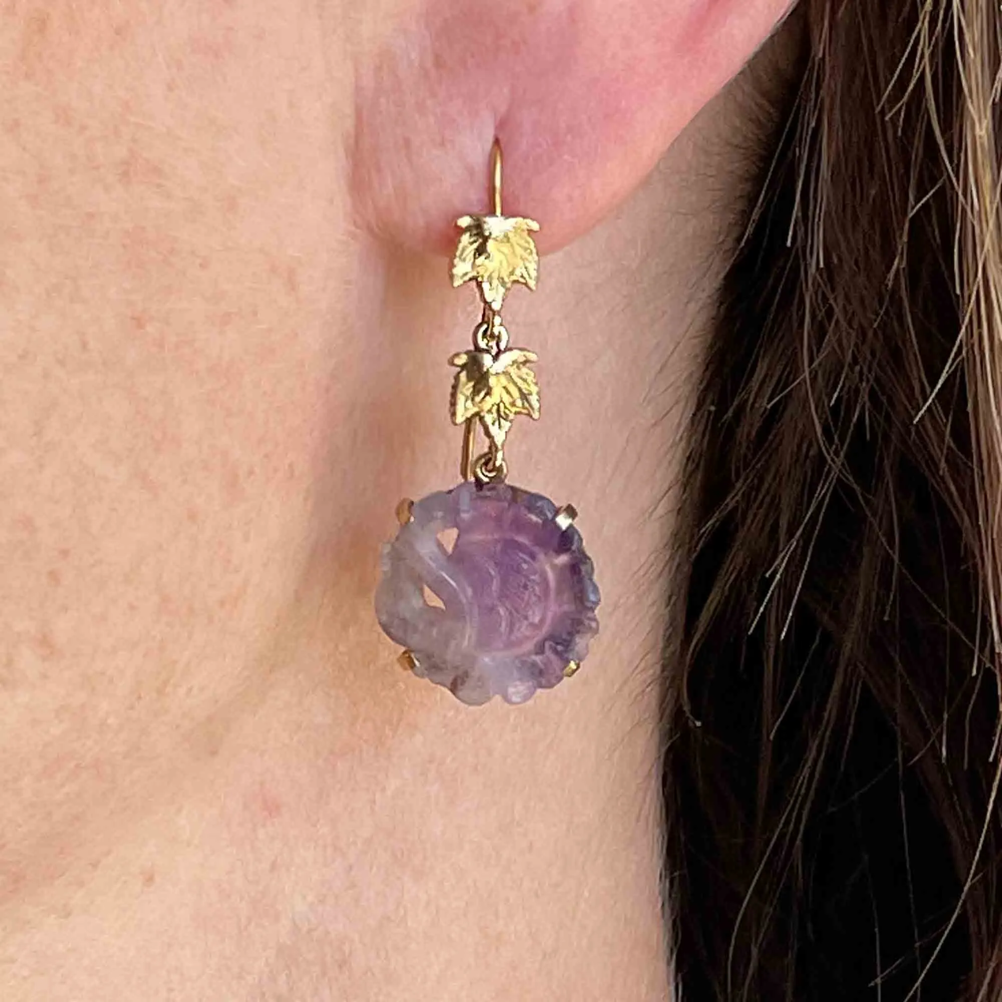 14K Gold Maple Leaf Carved Amethyst Drop Earrings