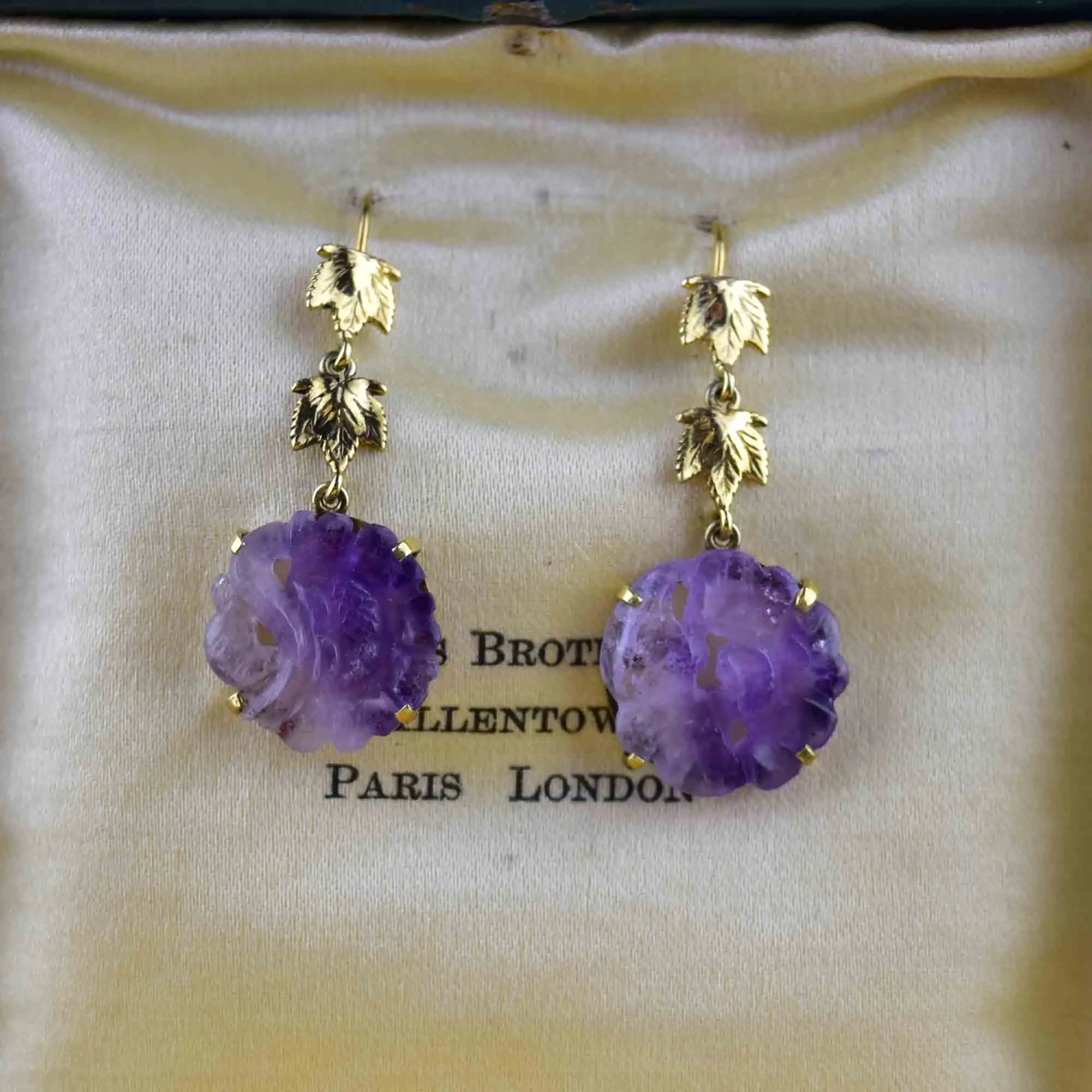 14K Gold Maple Leaf Carved Amethyst Drop Earrings