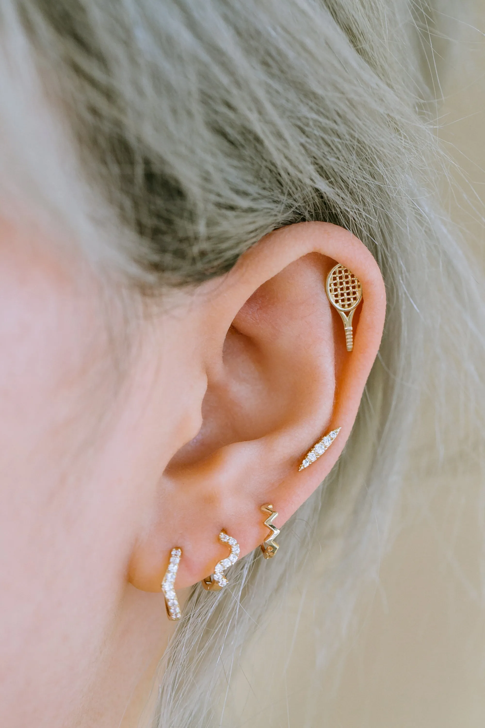 14K Solid Gold ZigZag Wave Lobe Cartilage Helix Piercing Earring Huggie Hoop Ring