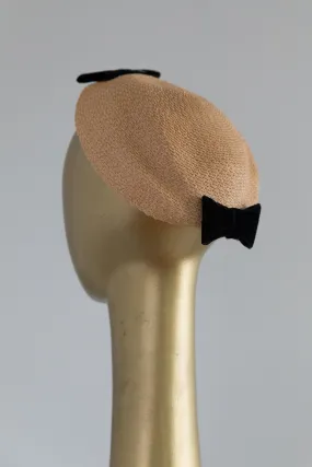 1950's Little Straw Topper With Black Velvet Bows