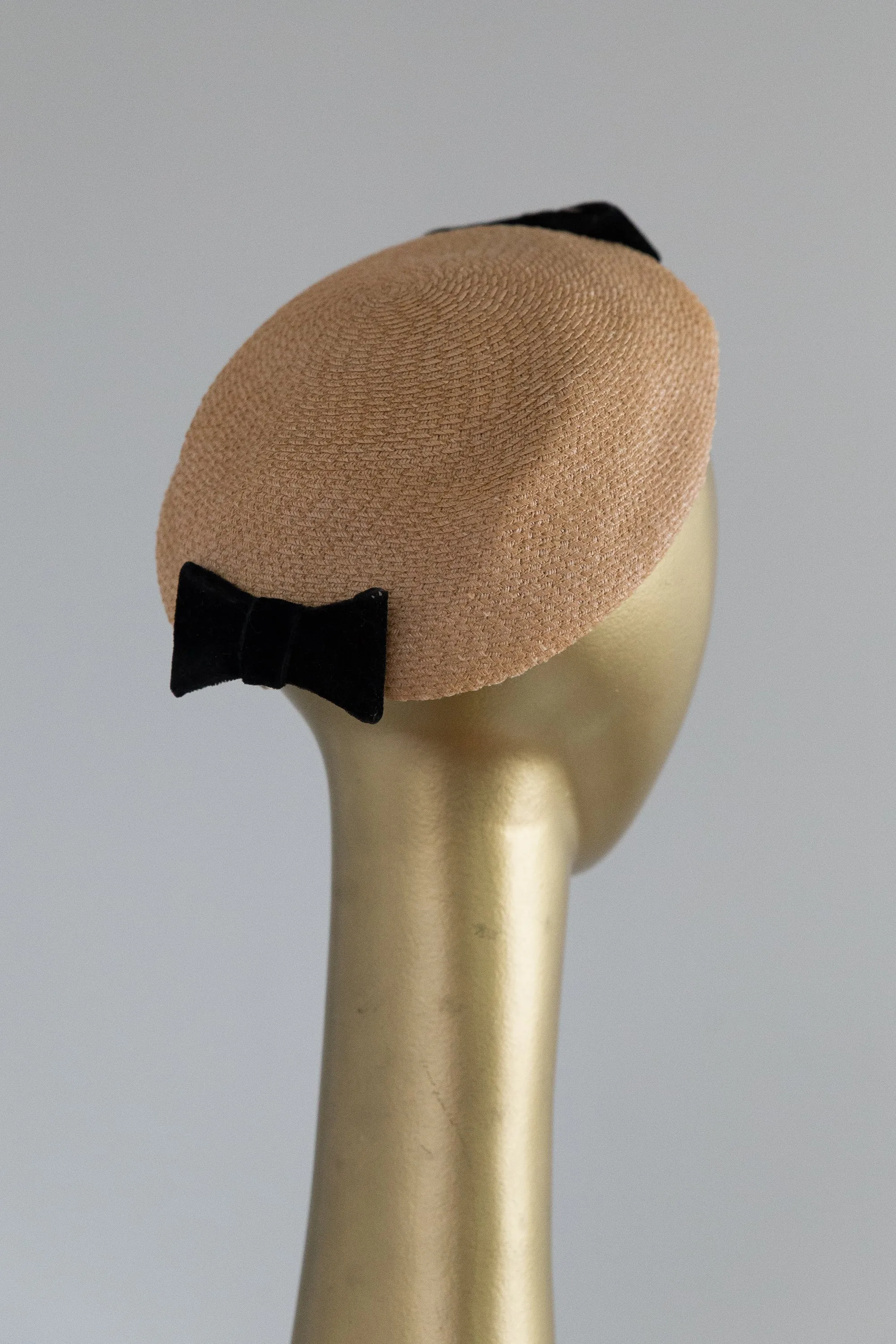 1950's Little Straw Topper With Black Velvet Bows