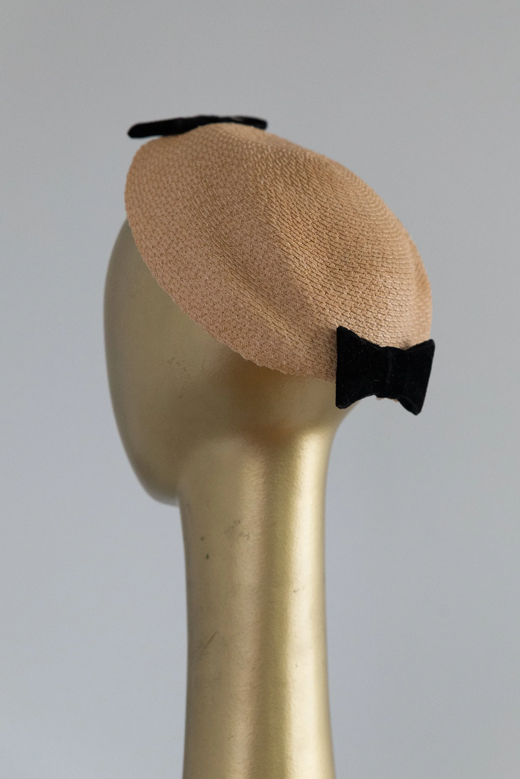 1950's Little Straw Topper With Black Velvet Bows