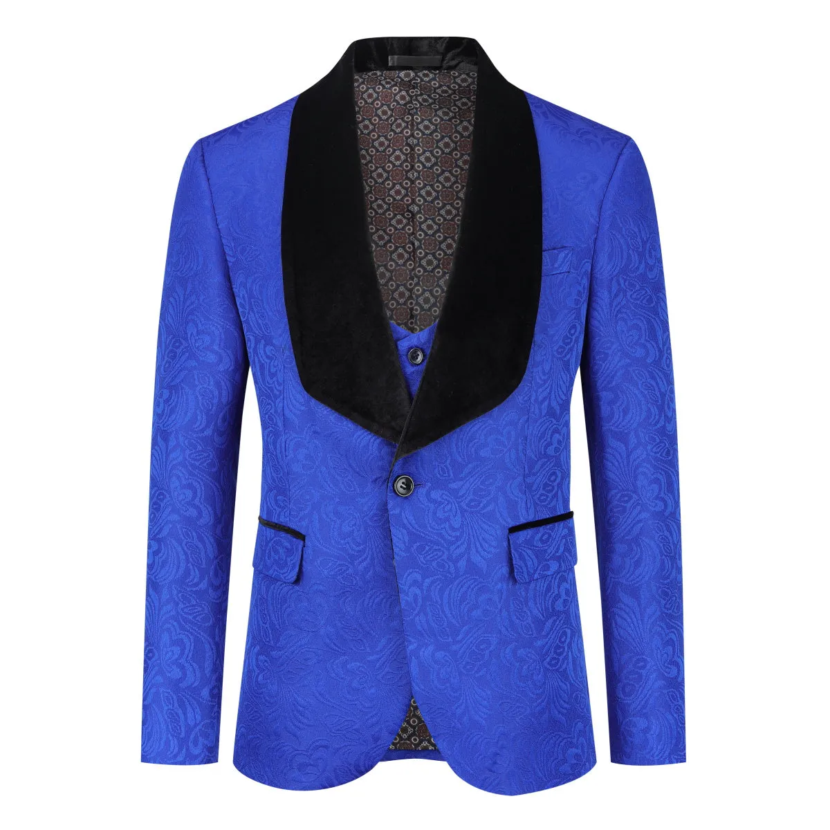 3-Piece Paisley Blue Suit Shawl Collar Suit