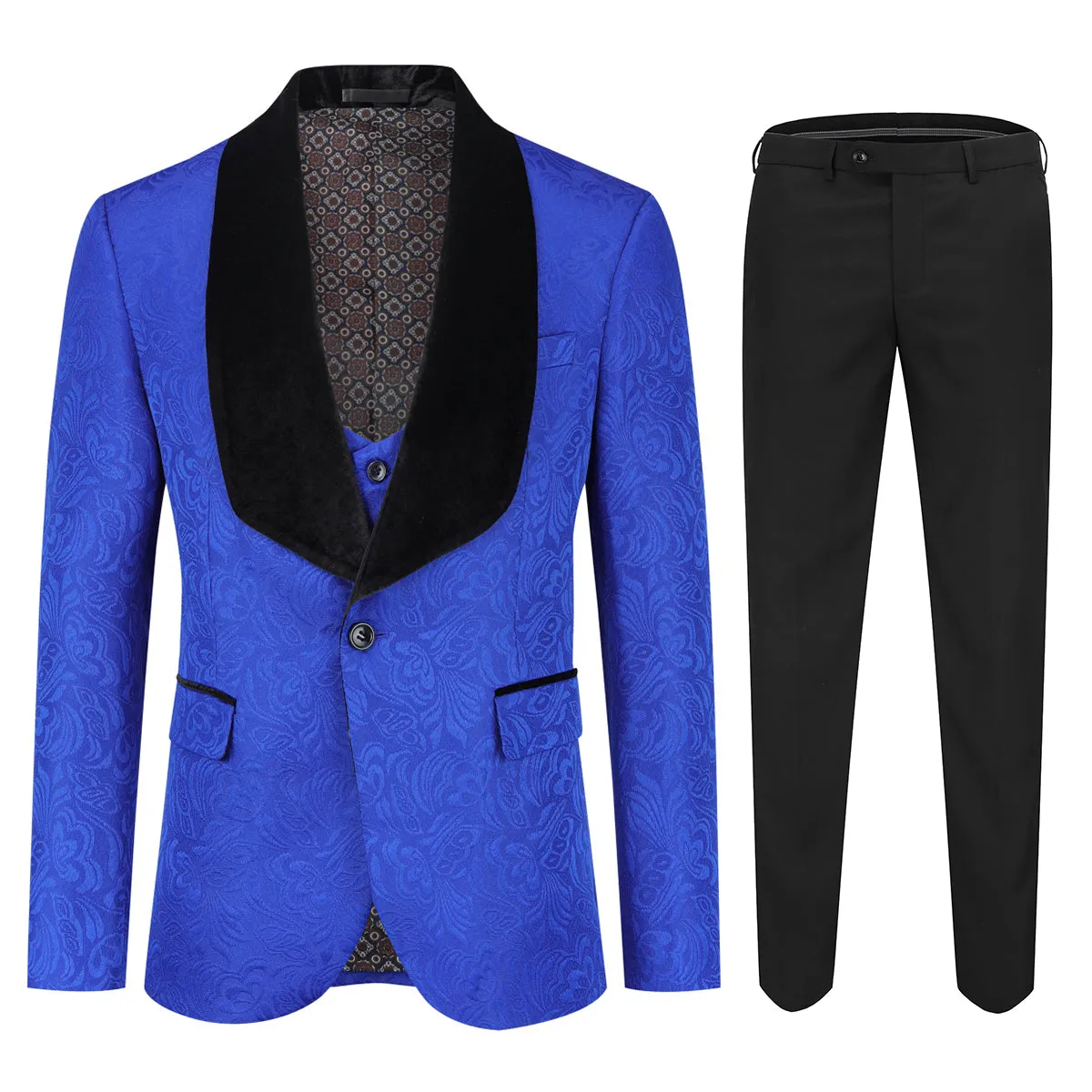 3-Piece Paisley Blue Suit Shawl Collar Suit