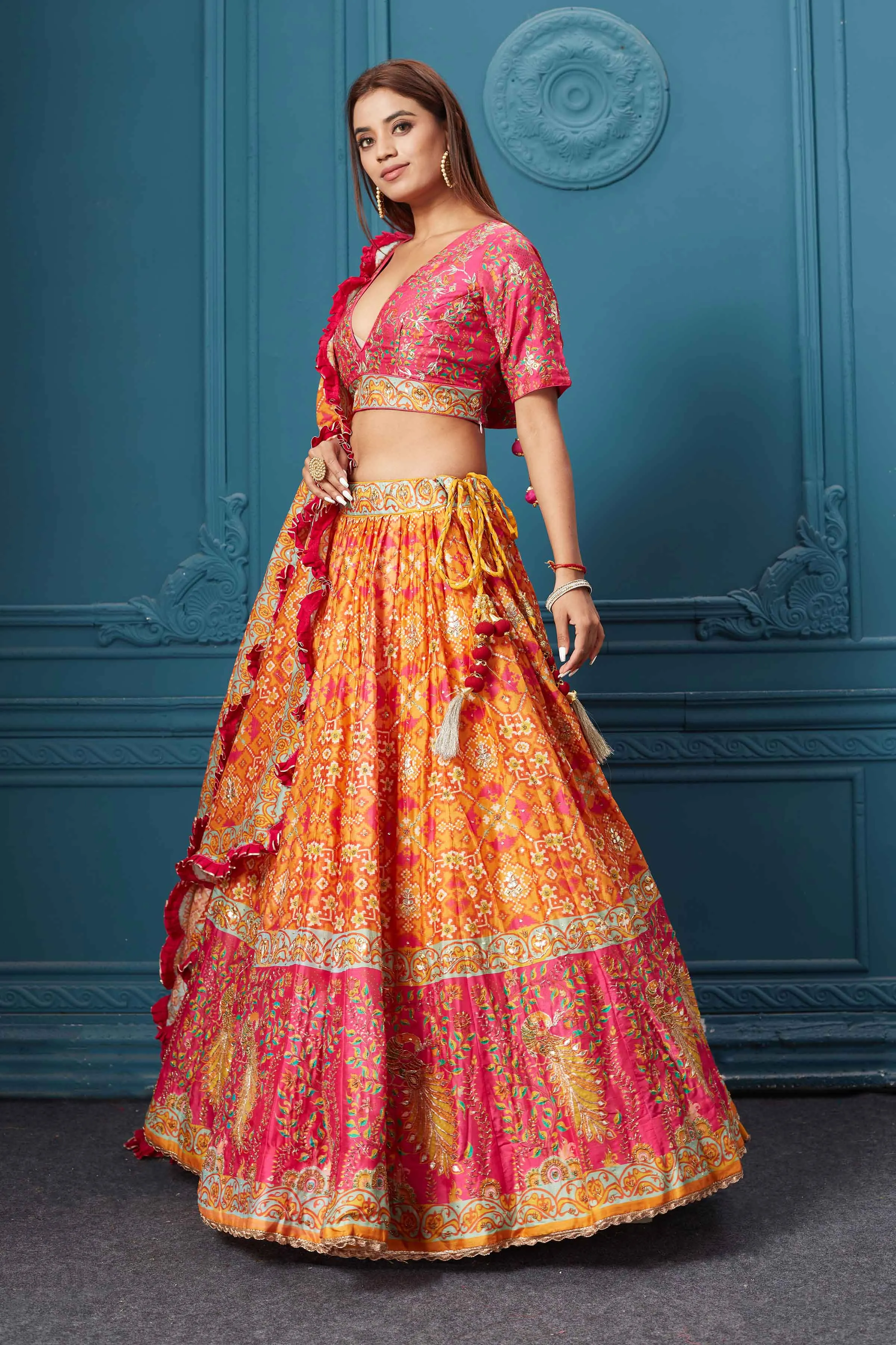 310030 Orange Bandhej Printed Lehenga with Dupatta