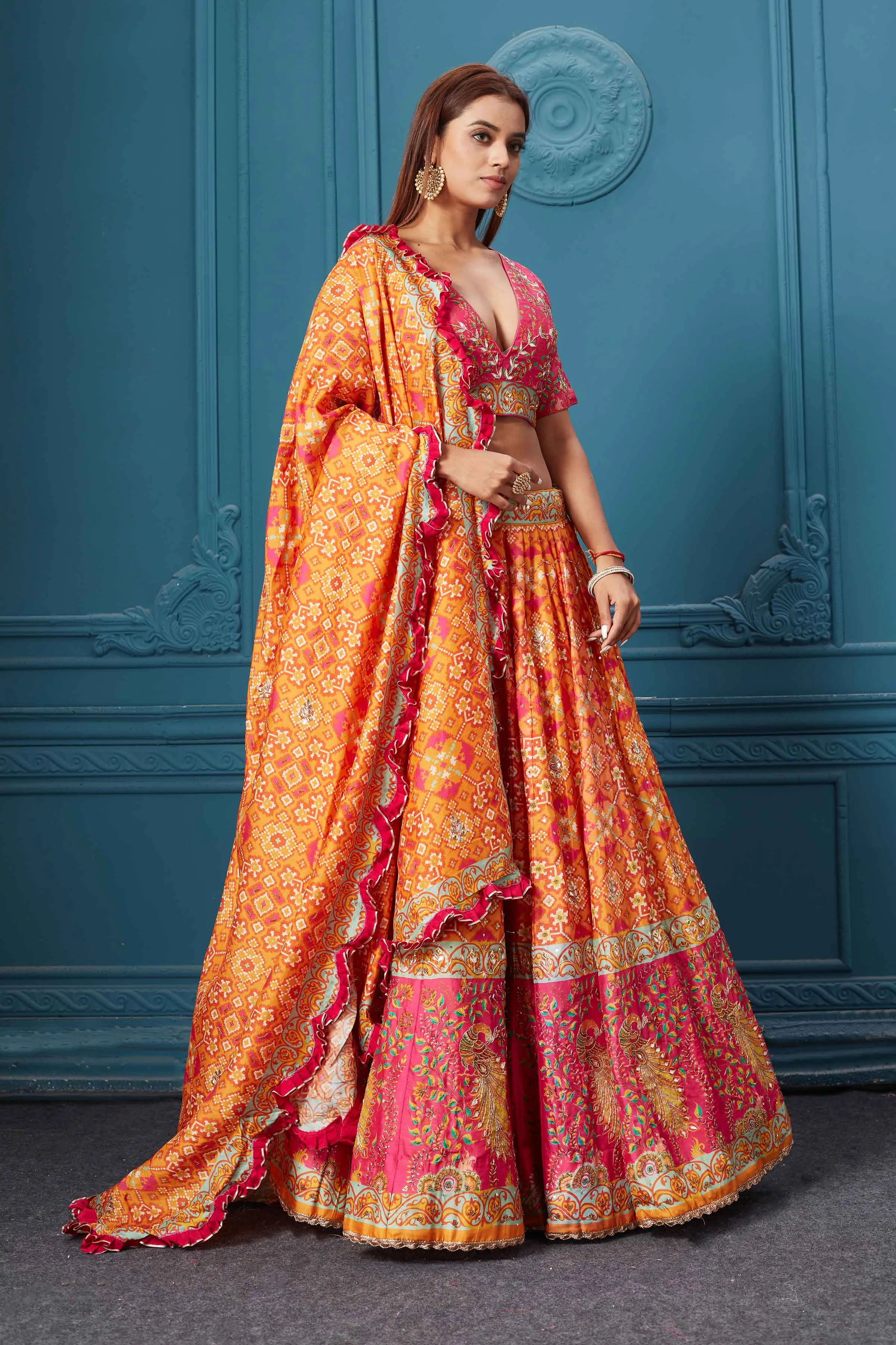 310030 Orange Bandhej Printed Lehenga with Dupatta