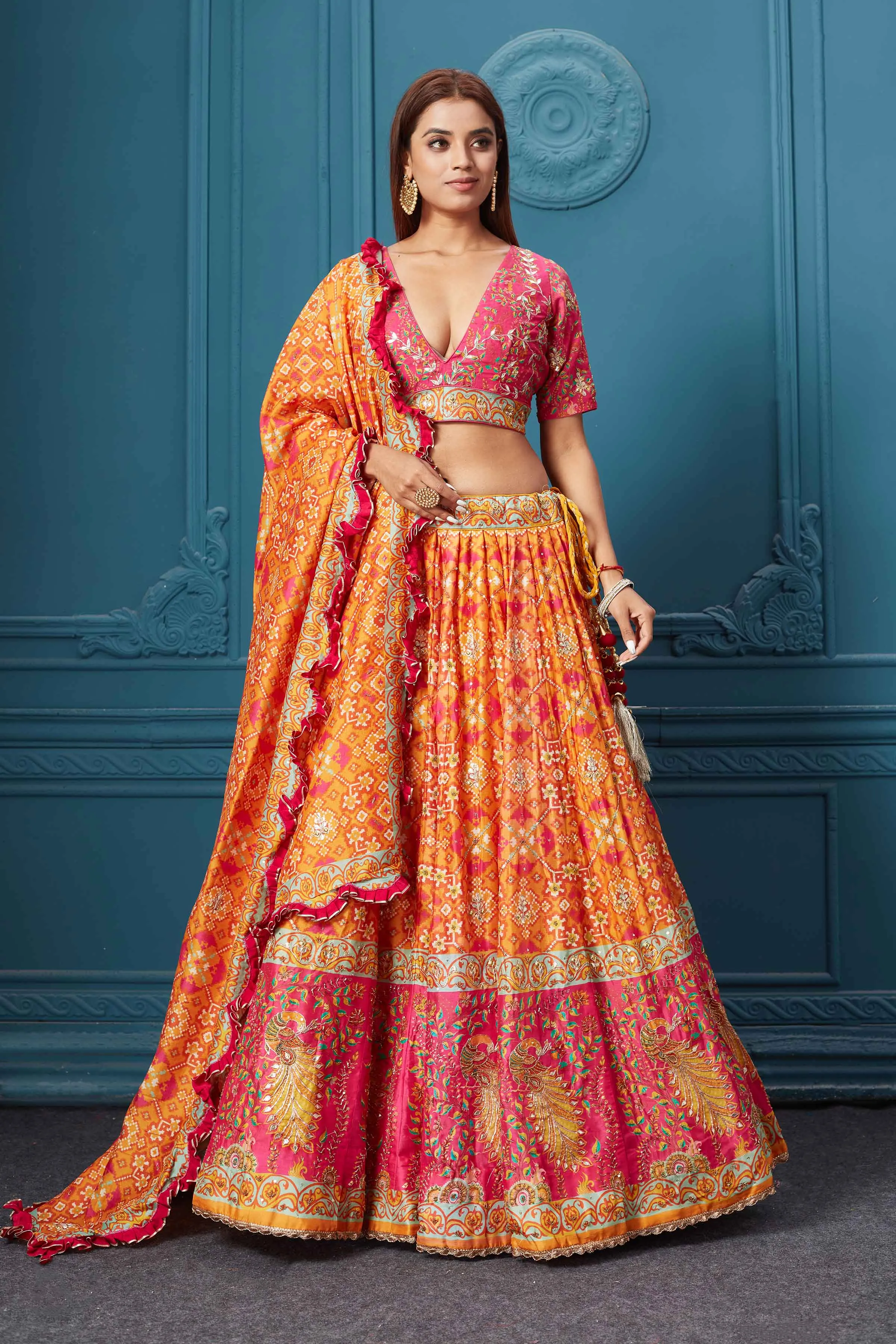 310030 Orange Bandhej Printed Lehenga with Dupatta