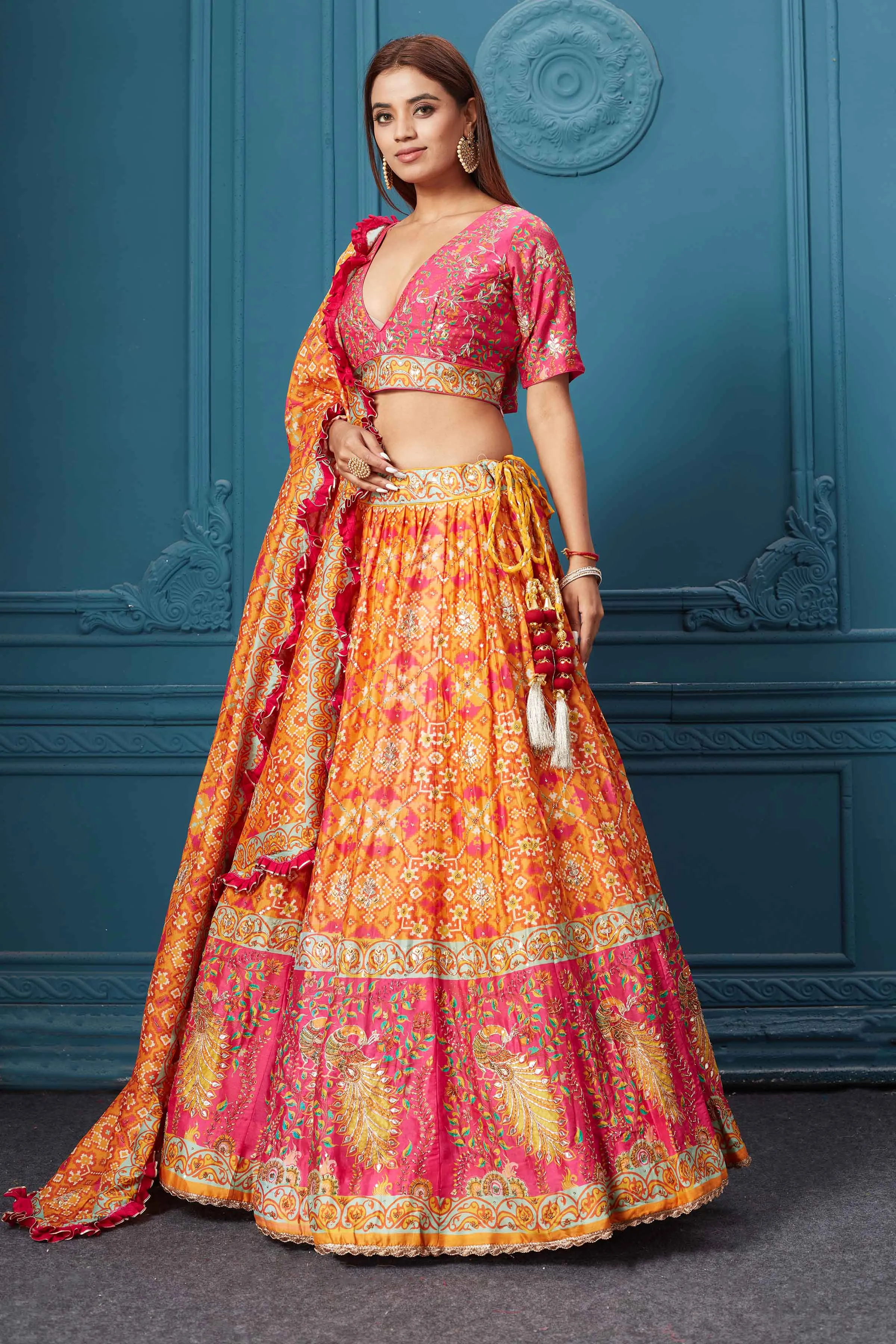 310030 Orange Bandhej Printed Lehenga with Dupatta