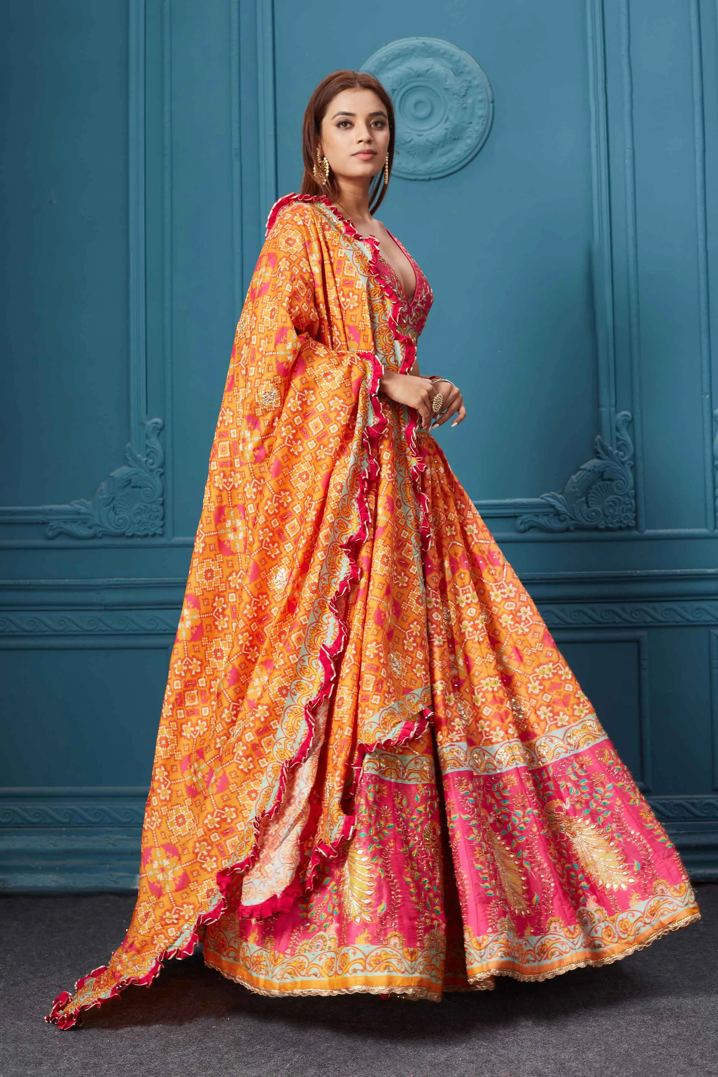 310030 Orange Bandhej Printed Lehenga with Dupatta