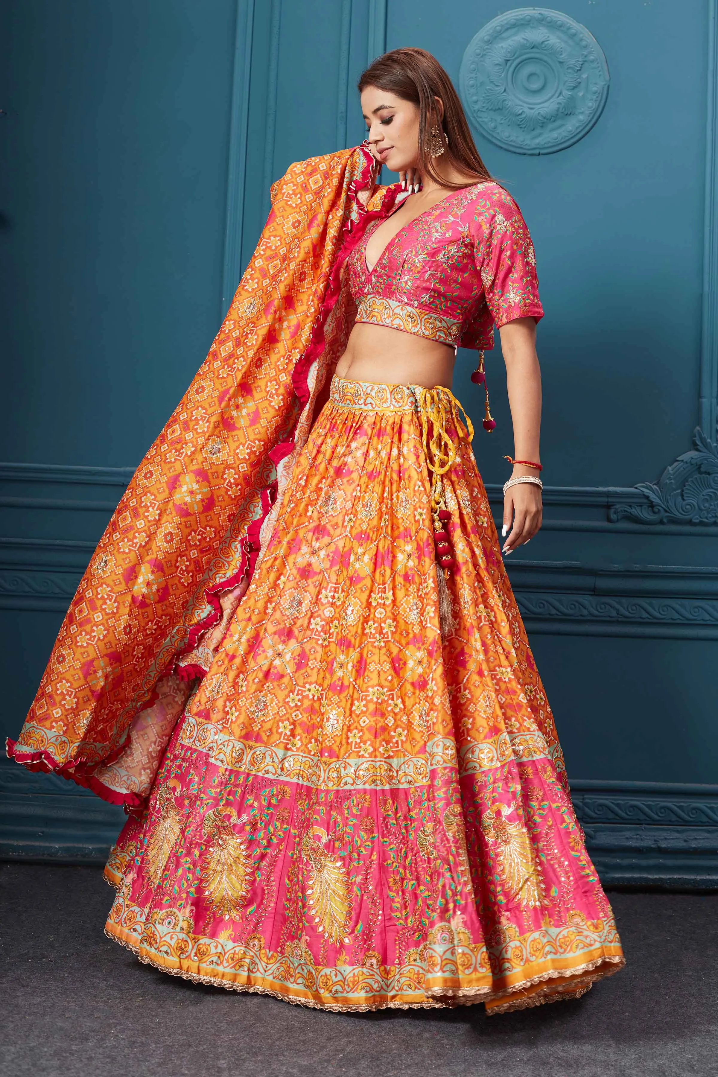 310030 Orange Bandhej Printed Lehenga with Dupatta