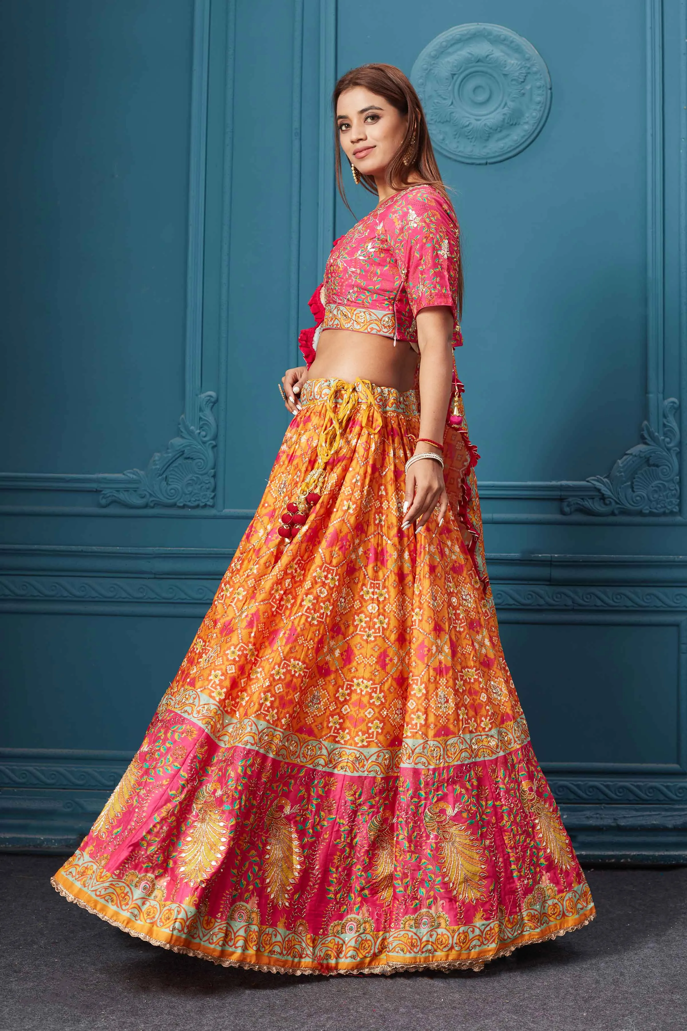 310030 Orange Bandhej Printed Lehenga with Dupatta