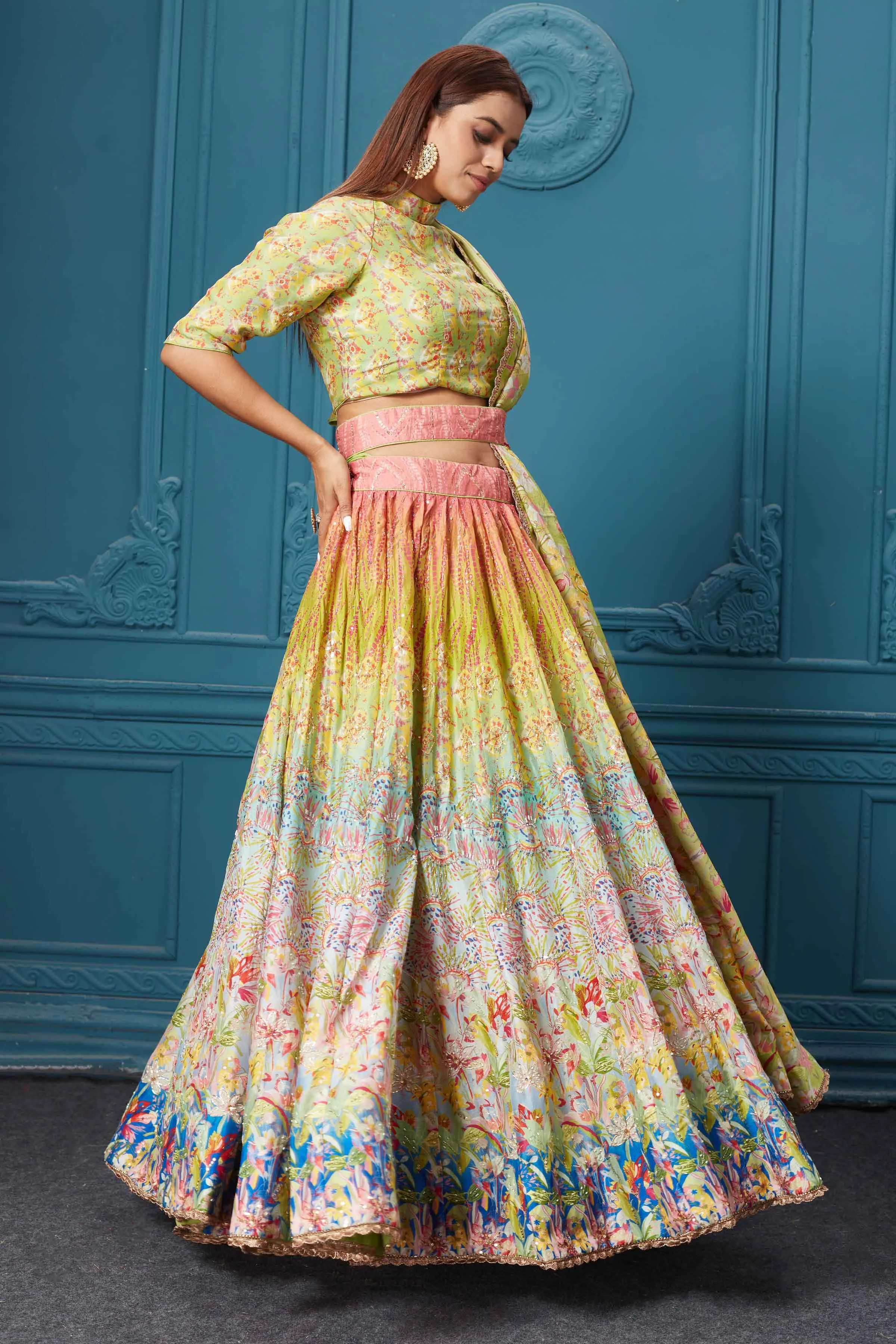 310037 Green Multicolored Embroidered Lehenga with Belt