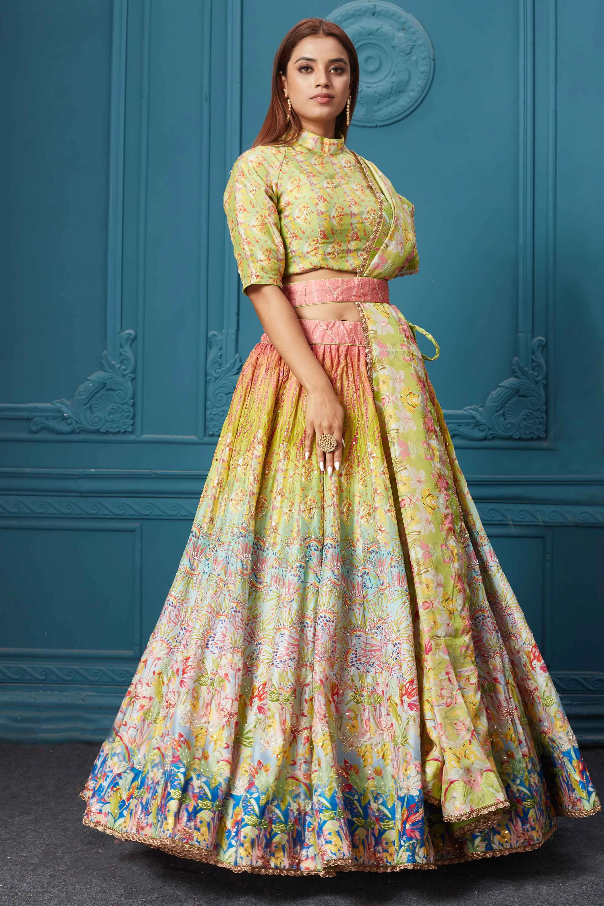 310037 Green Multicolored Embroidered Lehenga with Belt