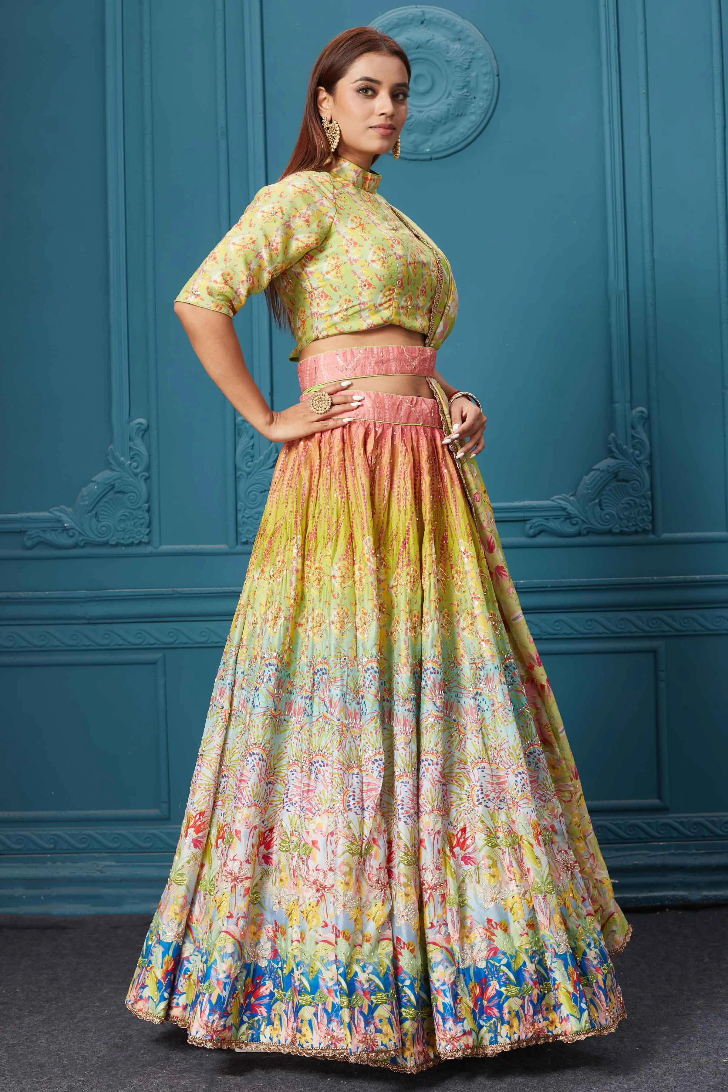 310037 Green Multicolored Embroidered Lehenga with Belt