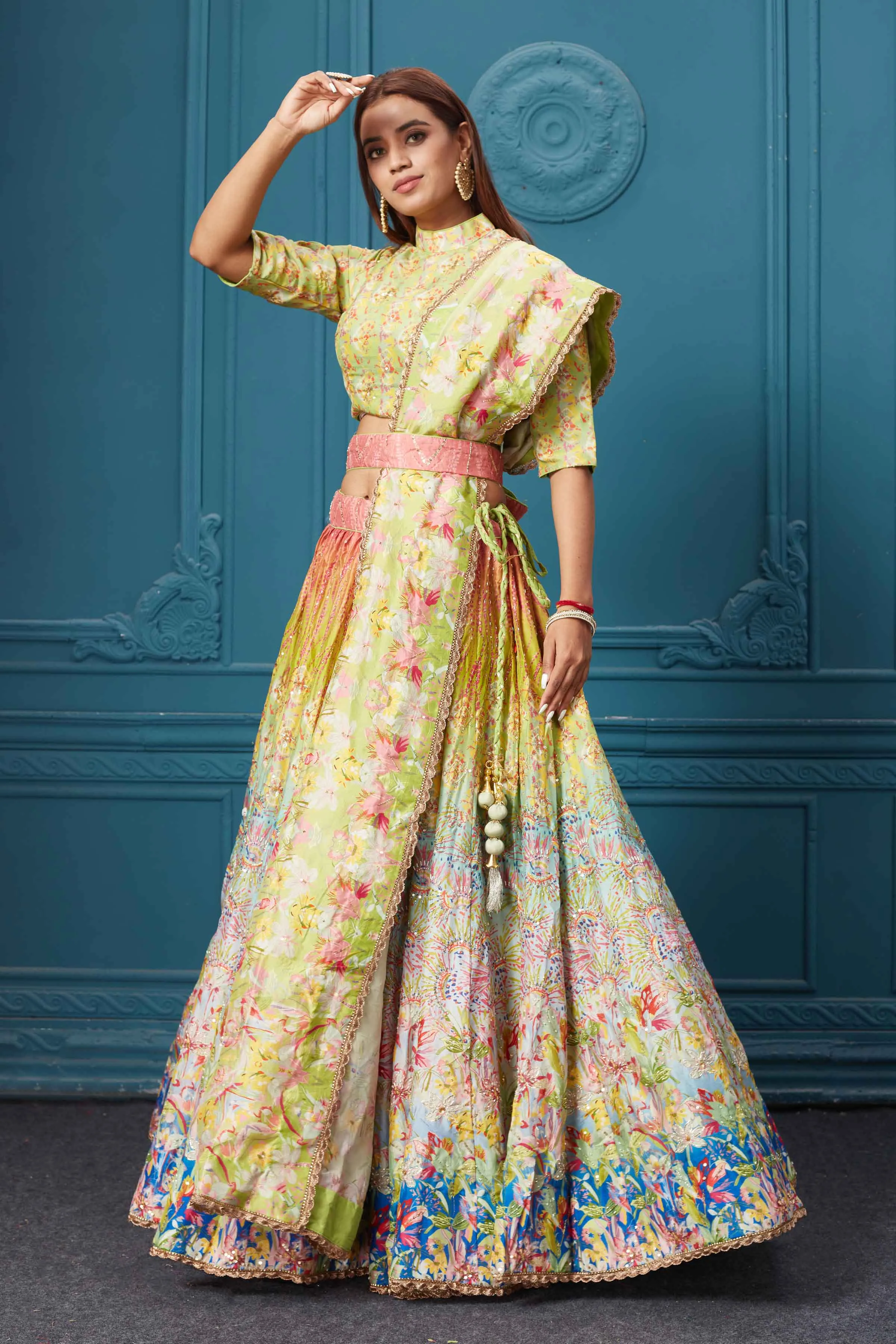 310037 Green Multicolored Embroidered Lehenga with Belt