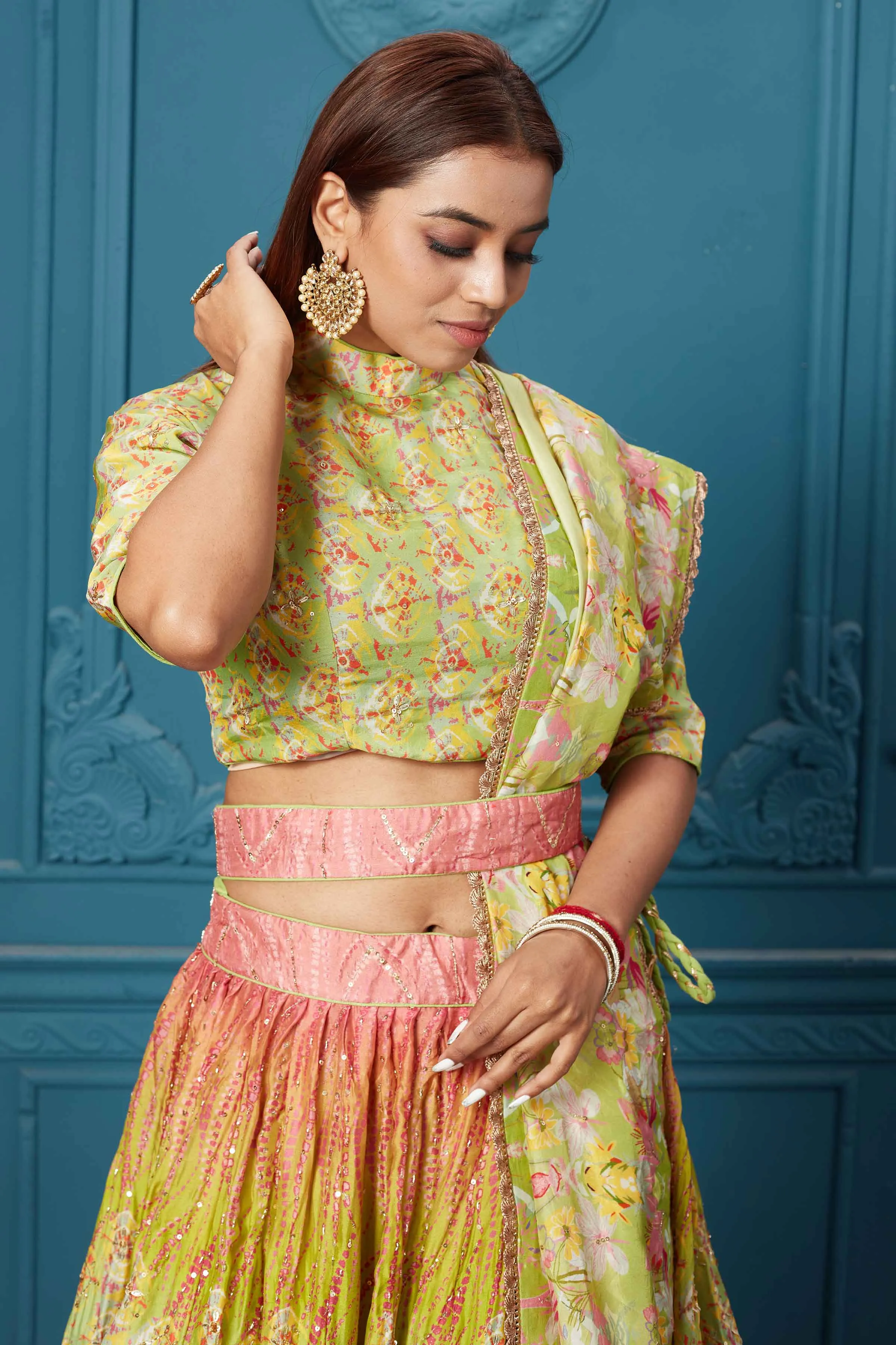 310037 Green Multicolored Embroidered Lehenga with Belt