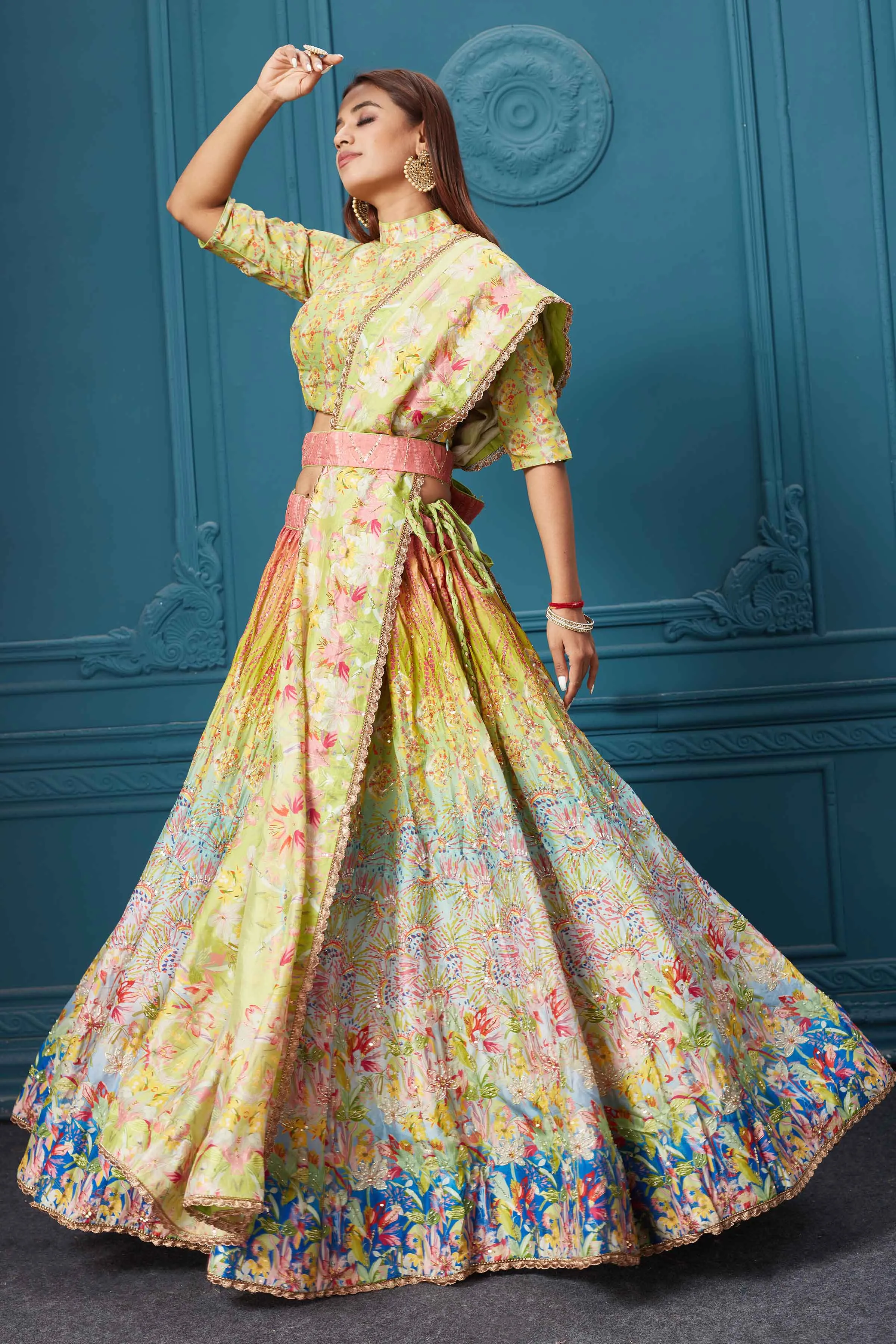 310037 Green Multicolored Embroidered Lehenga with Belt