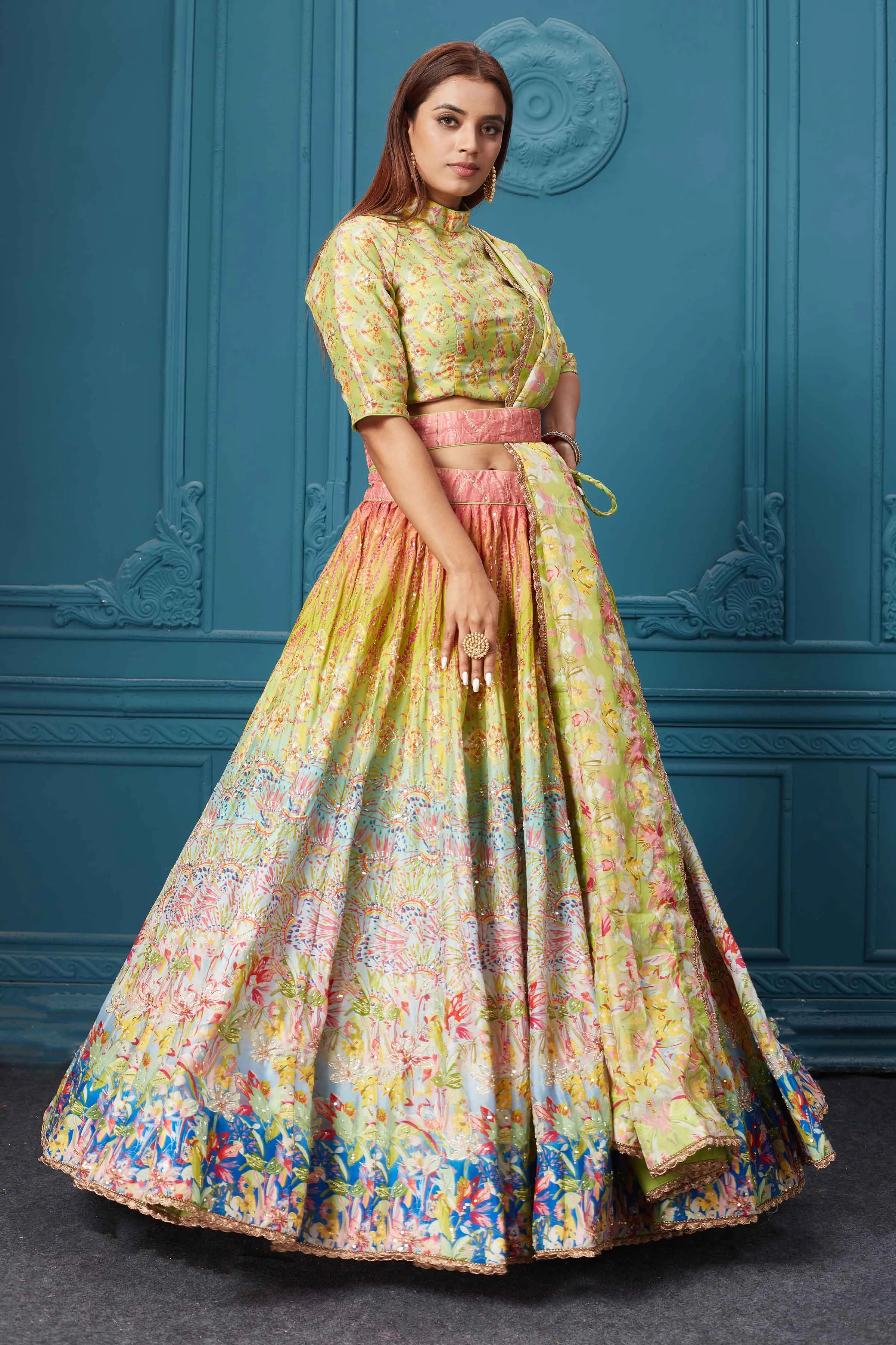 310037 Green Multicolored Embroidered Lehenga with Belt