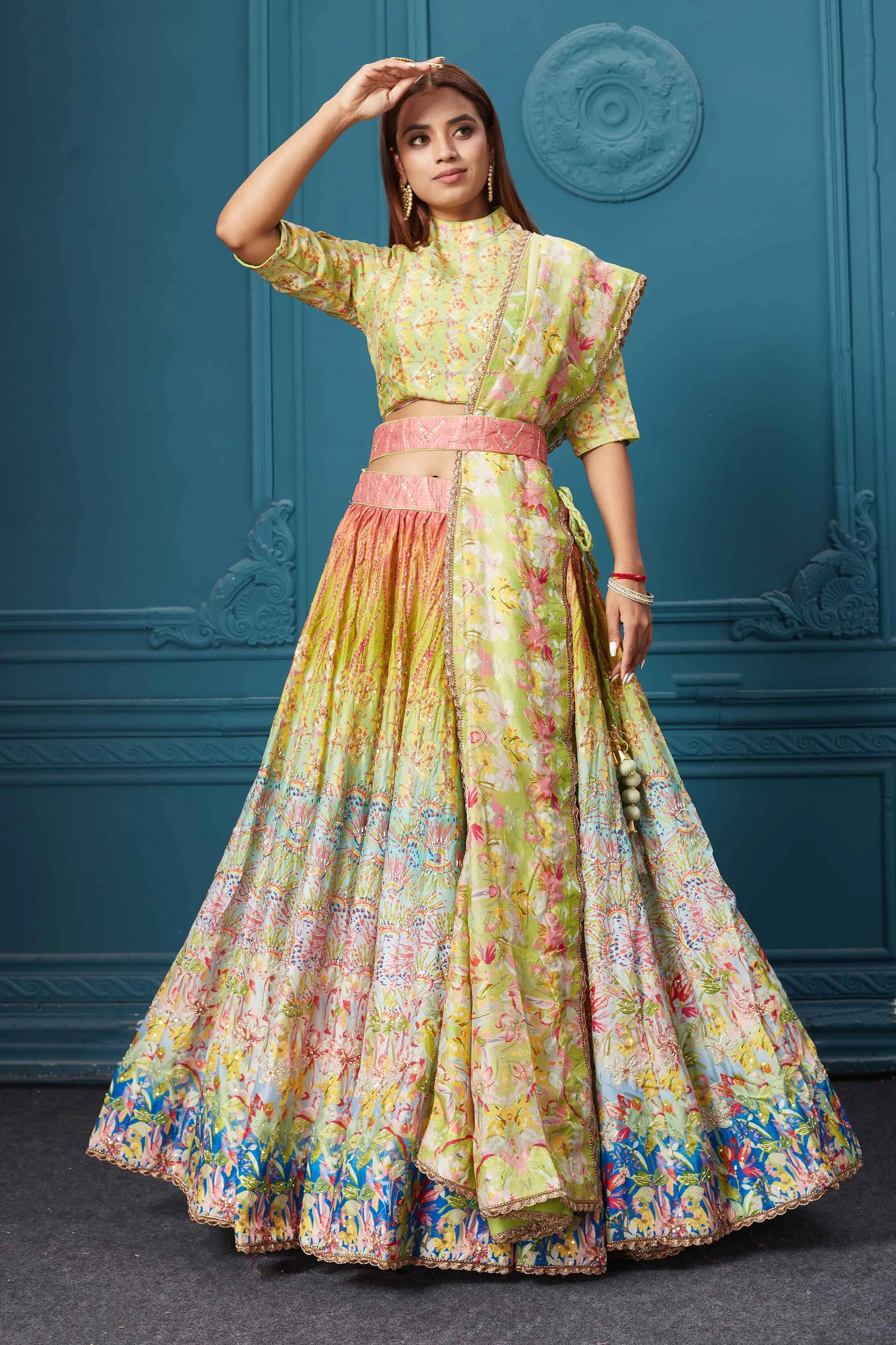 310037 Green Multicolored Embroidered Lehenga with Belt