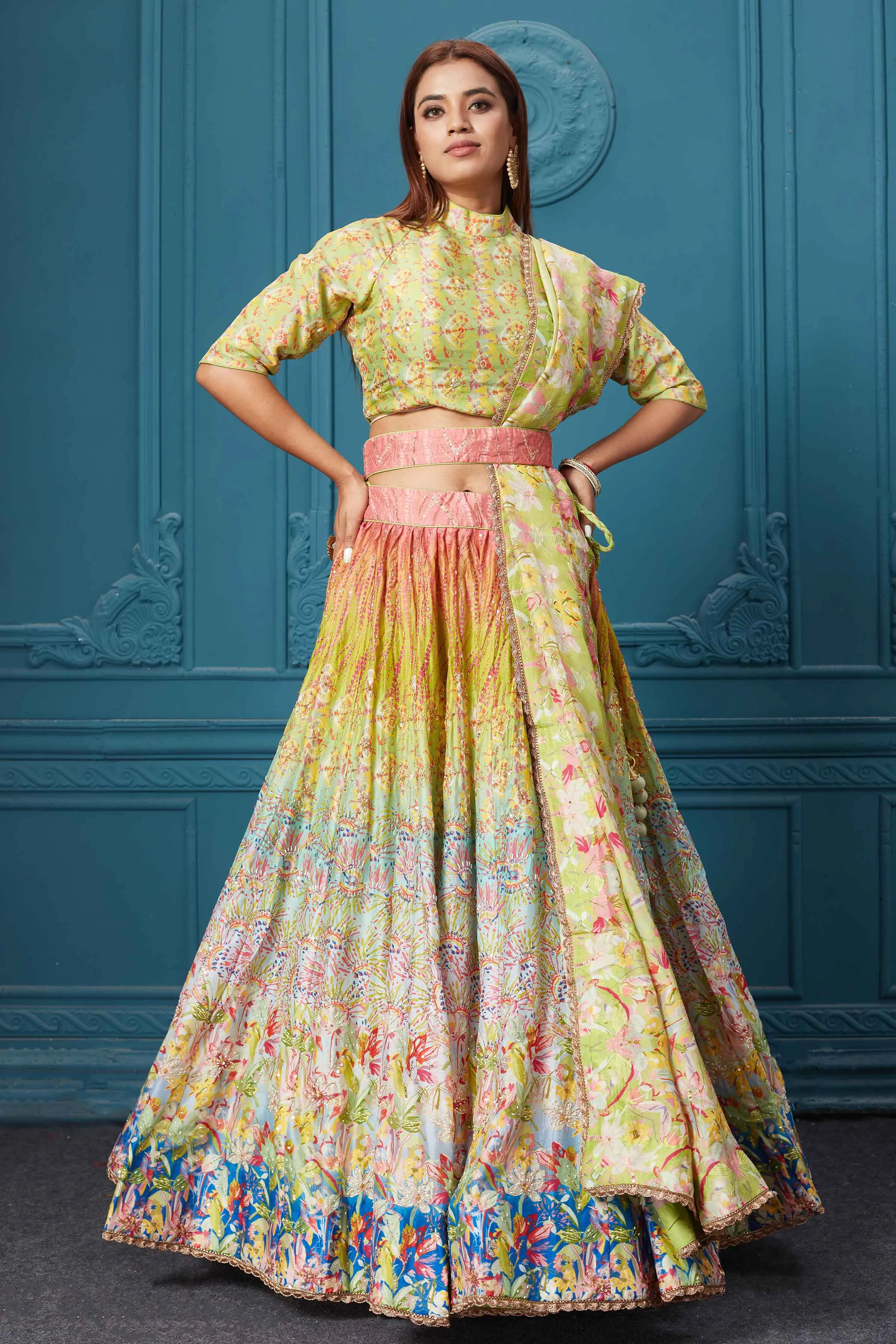 310037 Green Multicolored Embroidered Lehenga with Belt