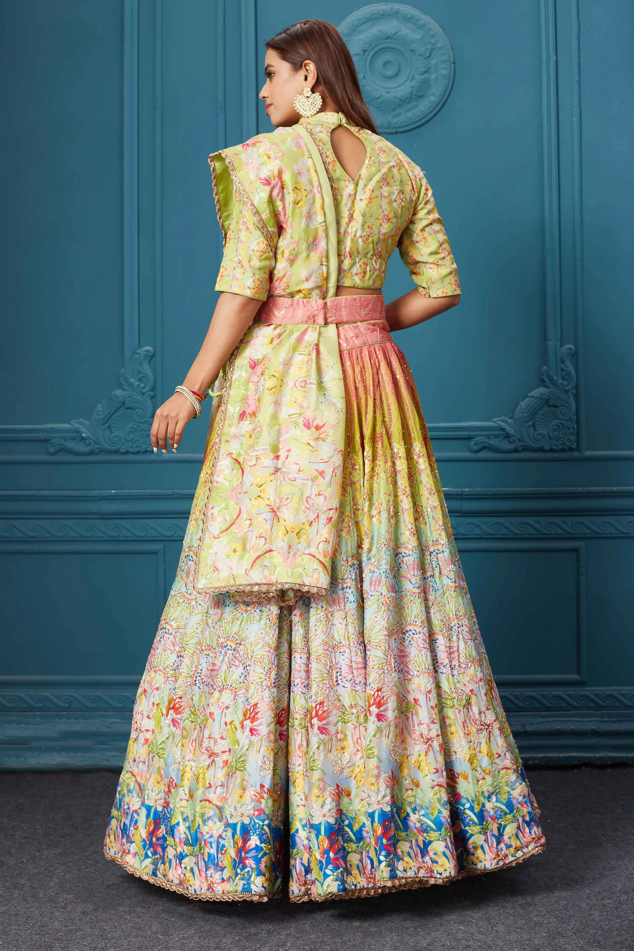 310037 Green Multicolored Embroidered Lehenga with Belt