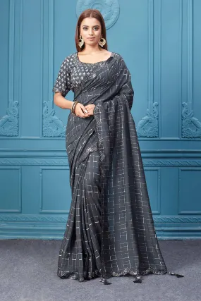 91A074 Black Mirror Border Crepe Saree with Designer Blouse