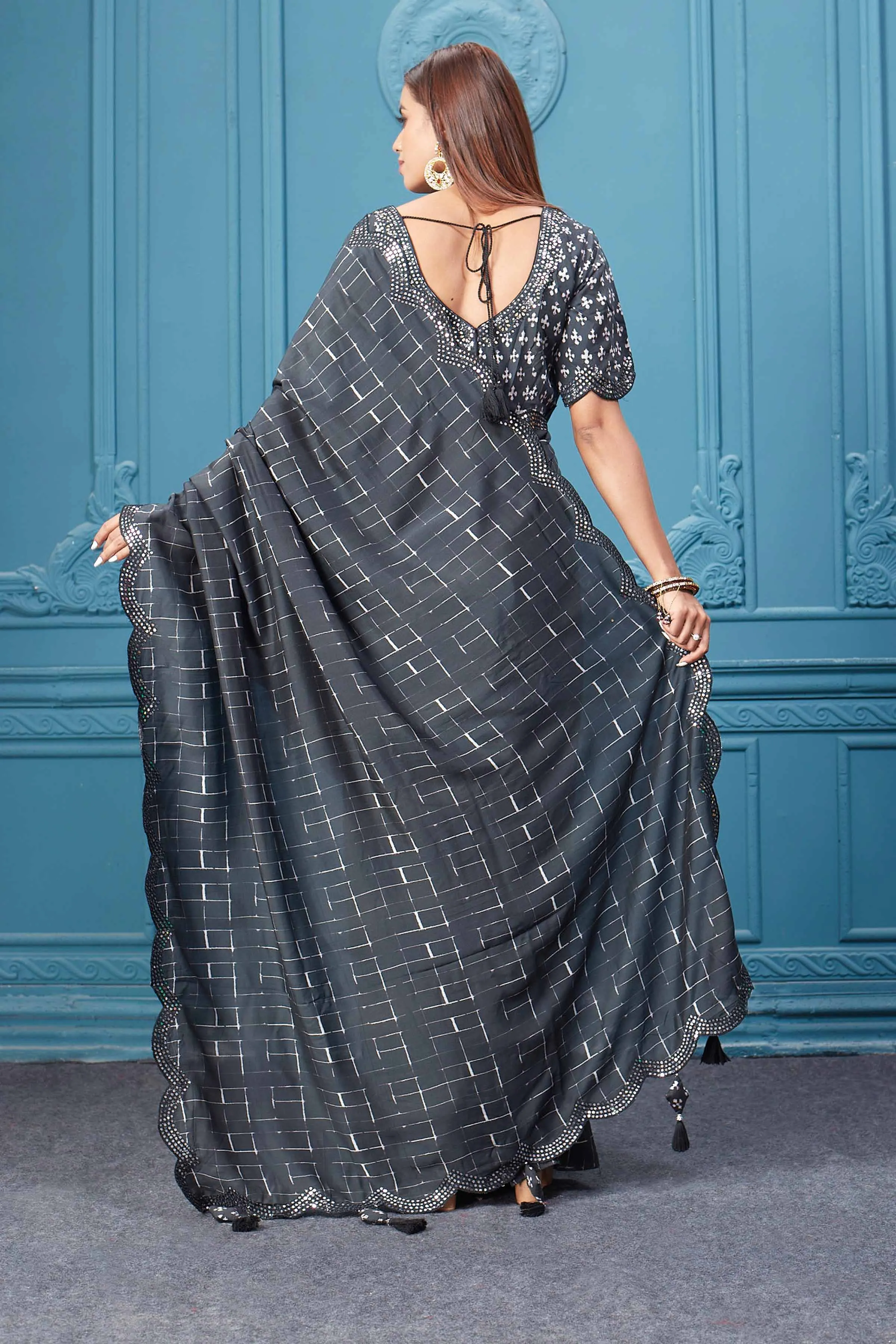 91A074 Black Mirror Border Crepe Saree with Designer Blouse