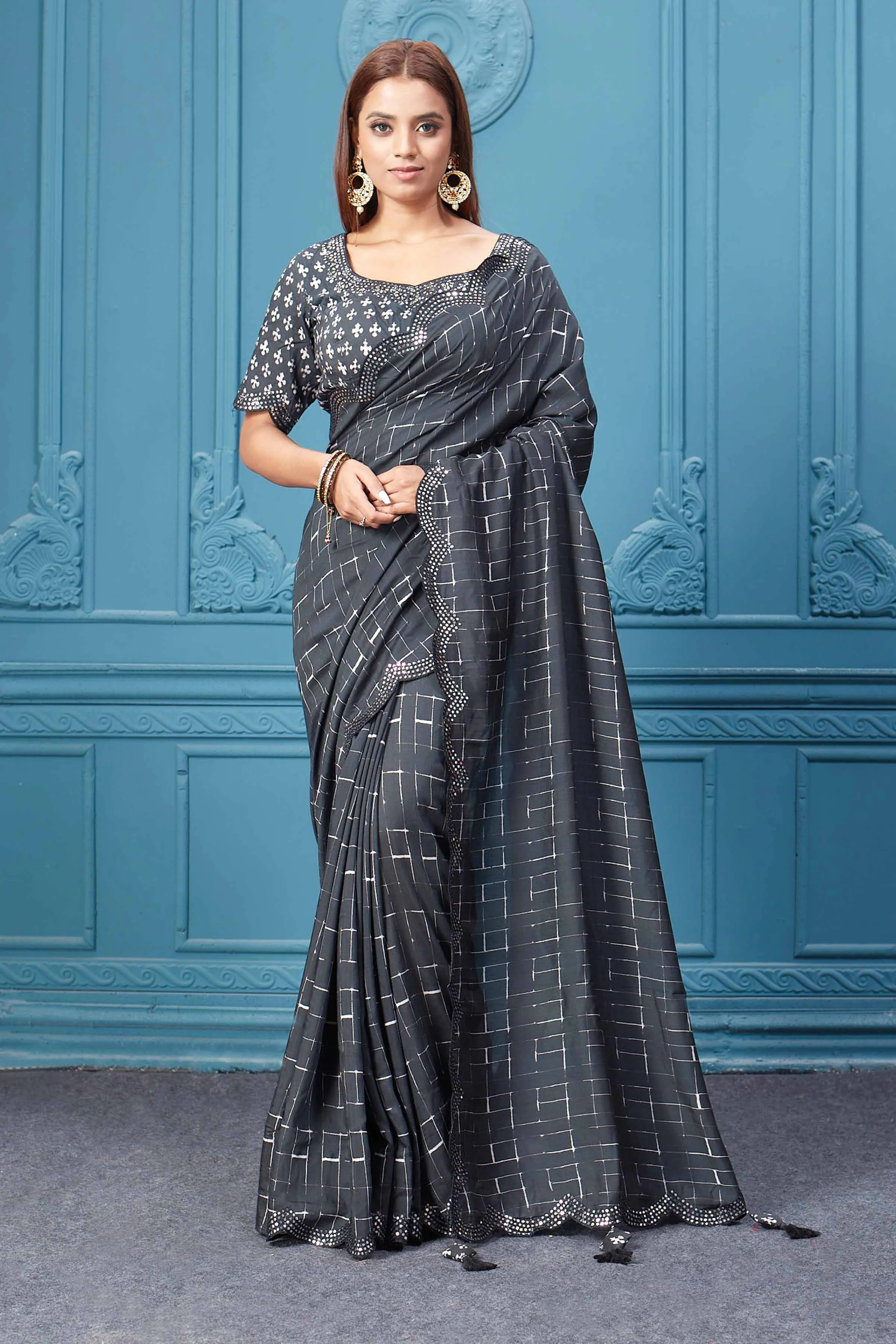 91A074 Black Mirror Border Crepe Saree with Designer Blouse