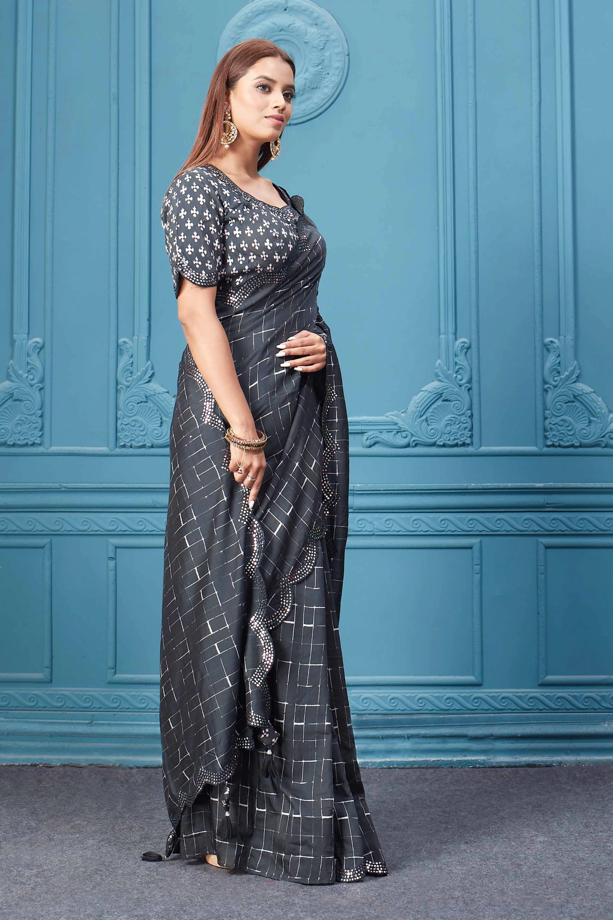 91A074 Black Mirror Border Crepe Saree with Designer Blouse