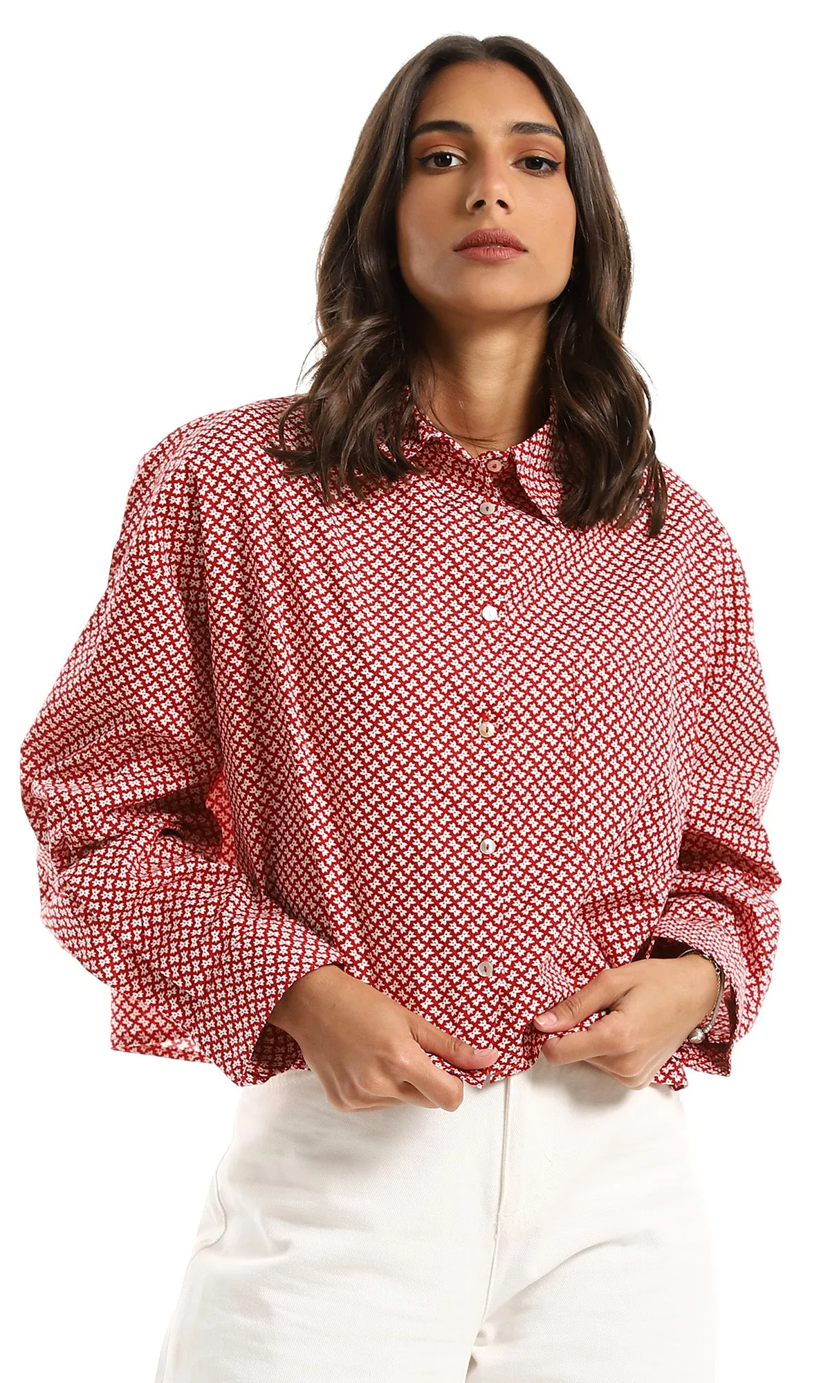 97328 Self Patterned Long Sleeves Buttoned Cropped Red Shirt