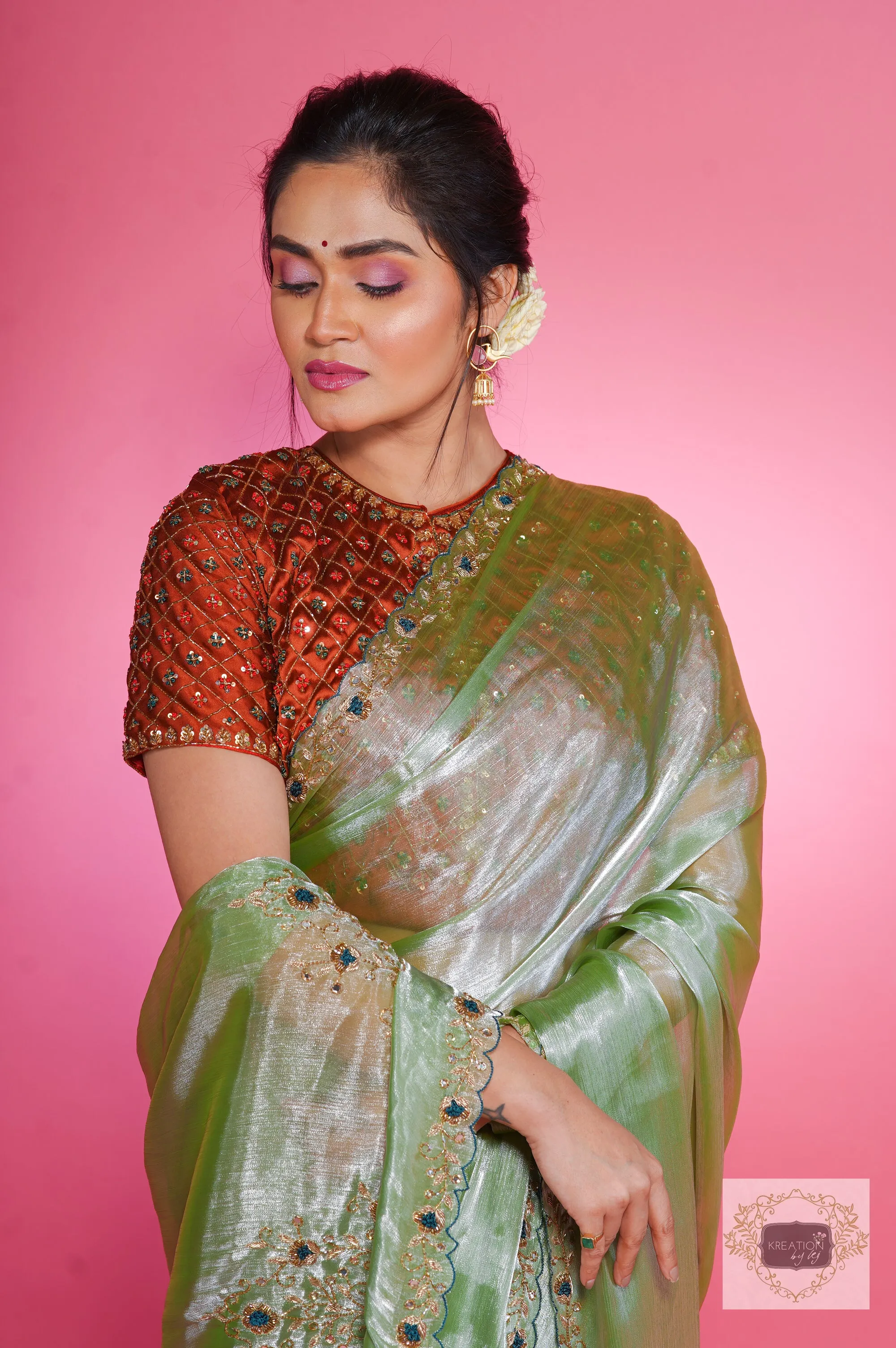 Absinthe Organza Saree with Handembroidery