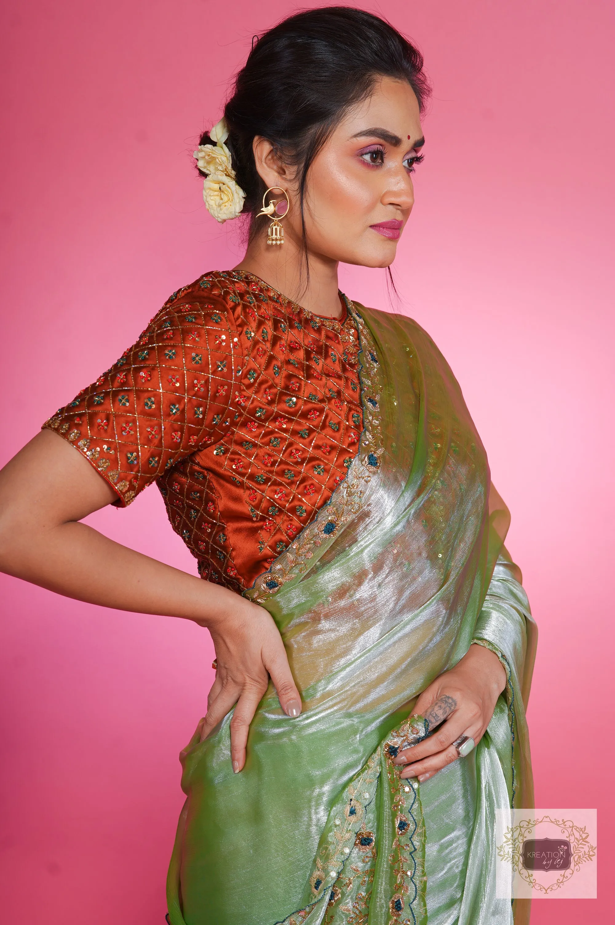 Absinthe Organza Saree with Handembroidery