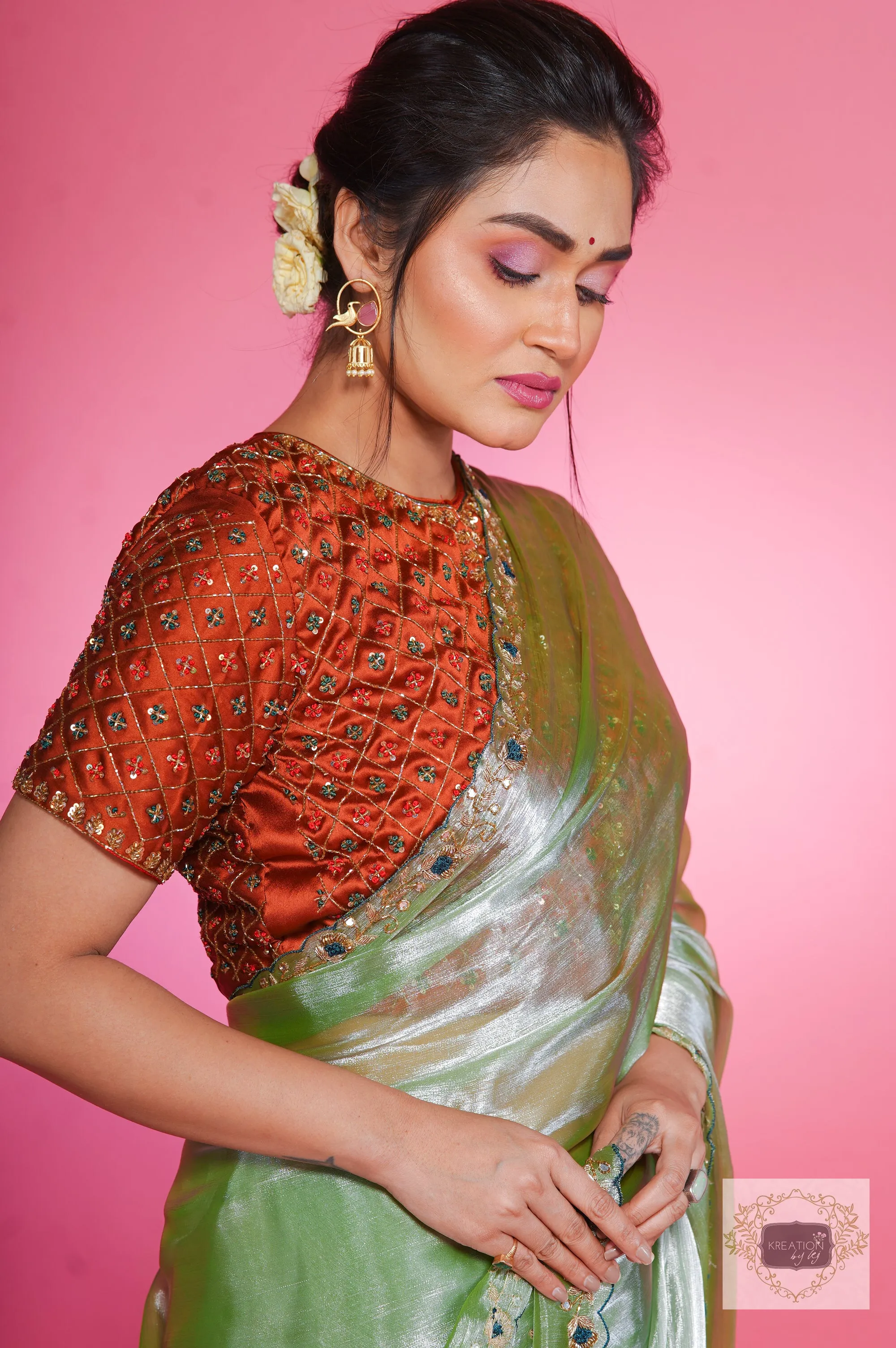 Absinthe Organza Saree with Handembroidery