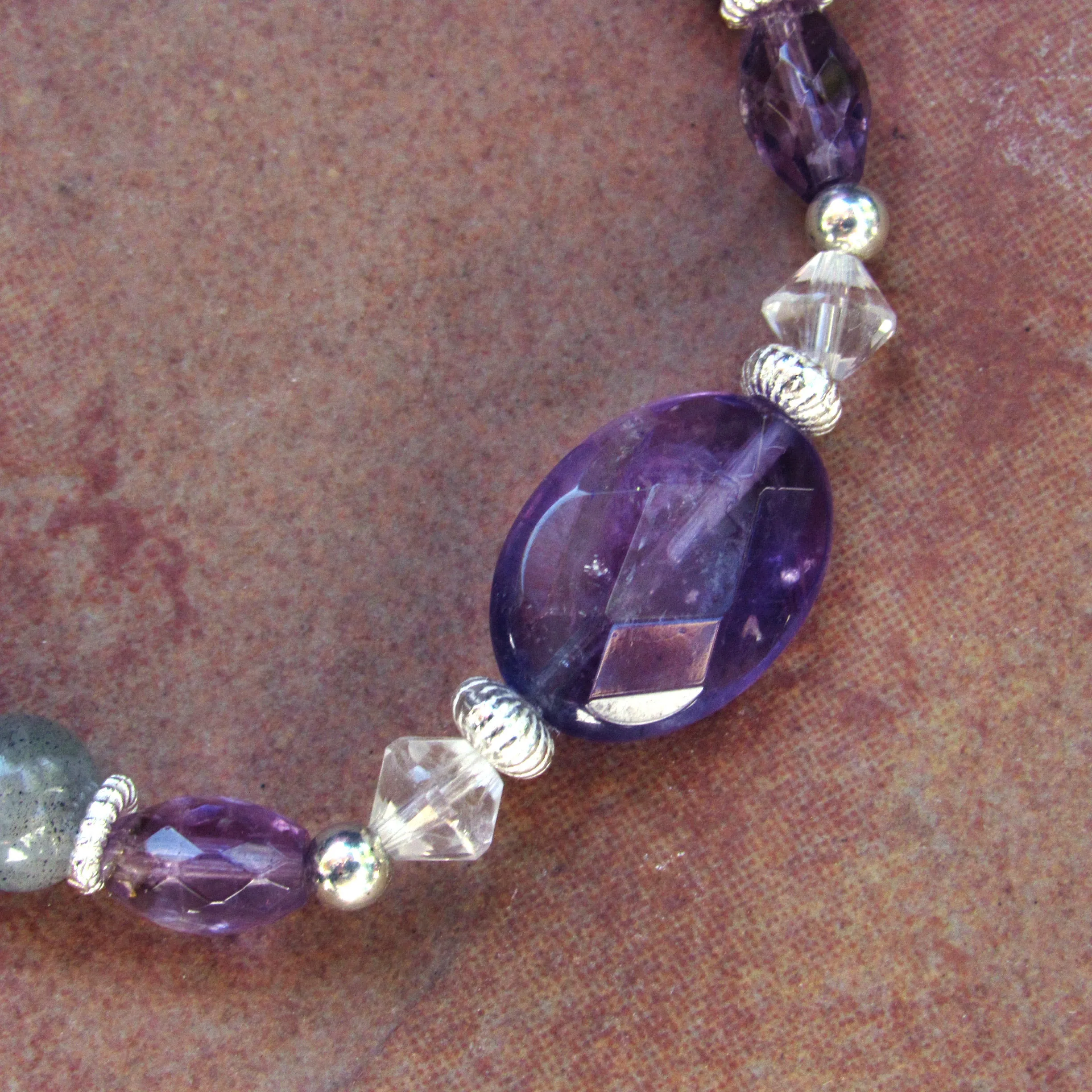 Amethyst Gemstones and Labradorite Heart, Clear Quartz,  Stretch Bracelet w/ Sterling Silver