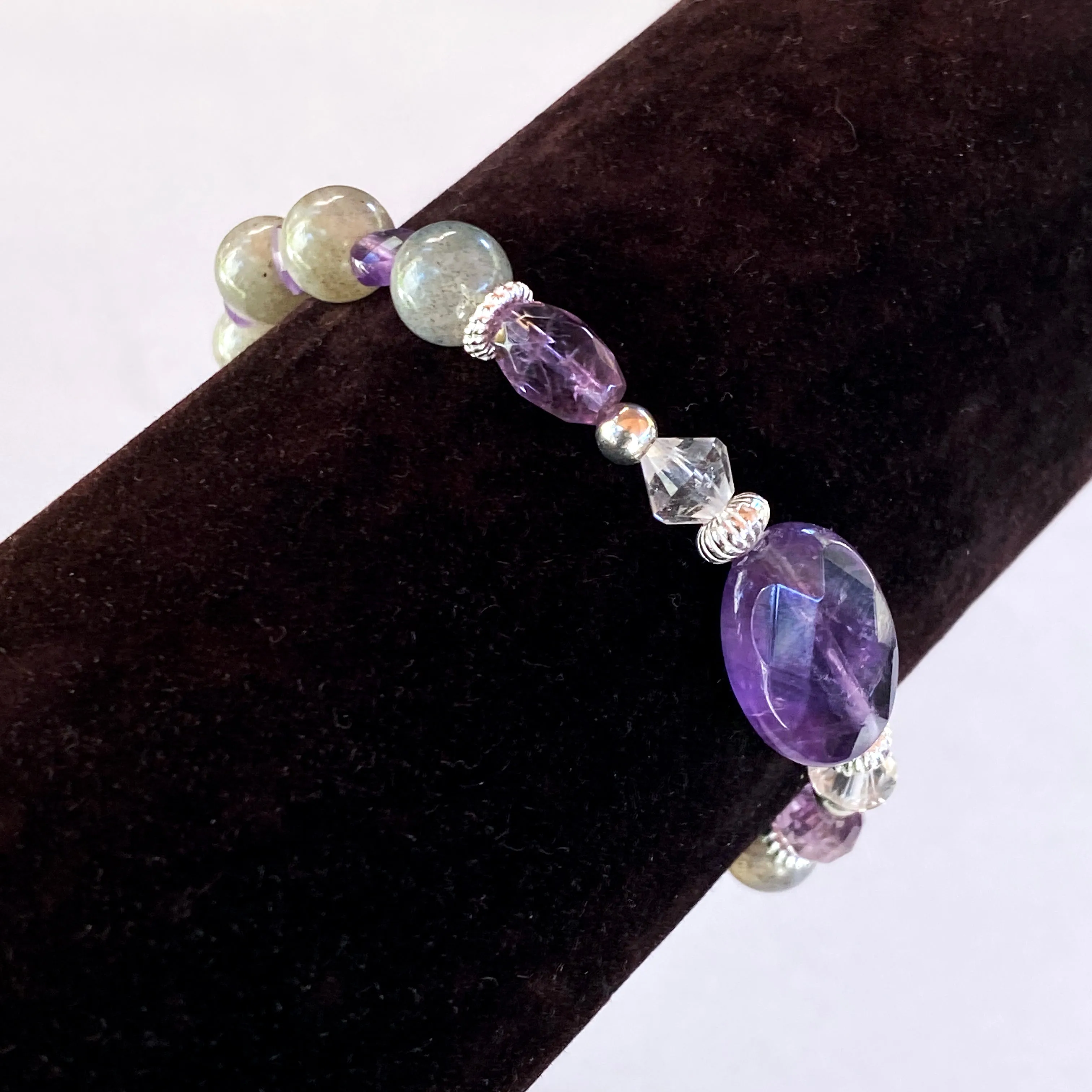 Amethyst Gemstones and Labradorite Heart, Clear Quartz,  Stretch Bracelet w/ Sterling Silver