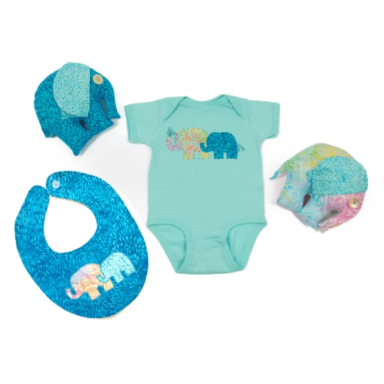 Baby Onesie with Hand-Appliquéd Paisley Batik Mama & Baby Elephant