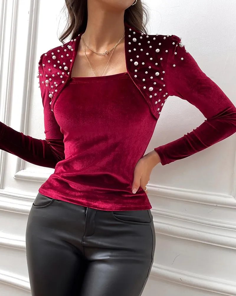 Beaded Velvet Asymmetrical Neck Top