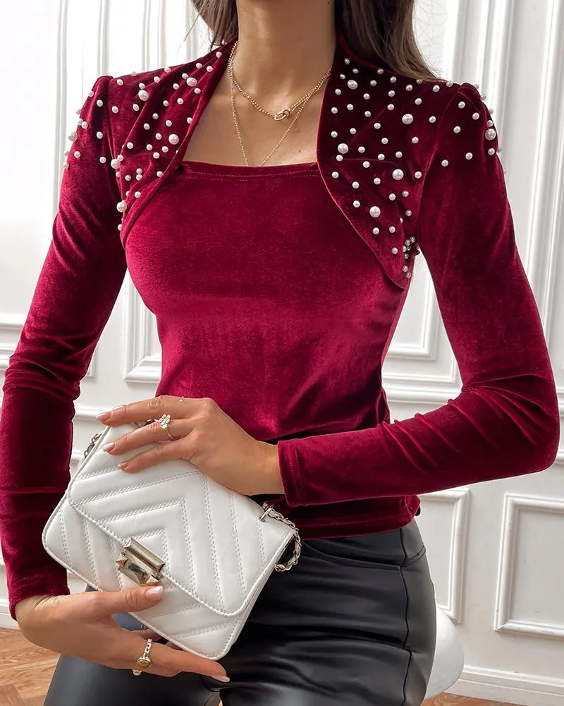 Beaded Velvet Asymmetrical Neck Top