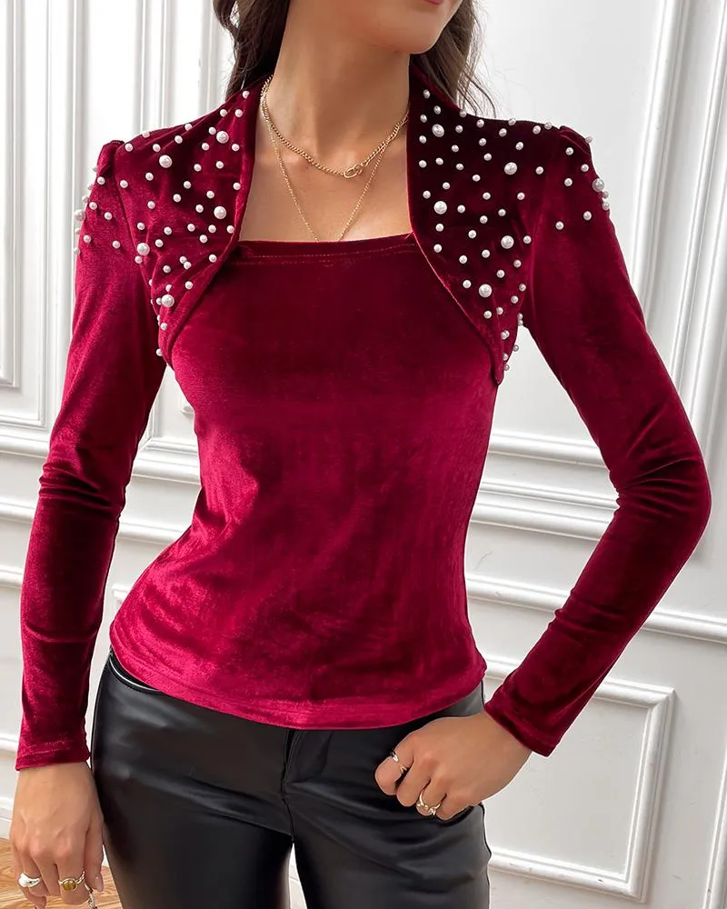 Beaded Velvet Asymmetrical Neck Top