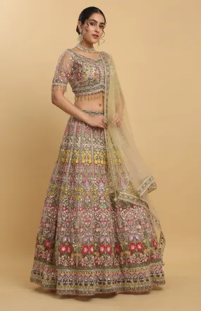 Brown Net Gulposh Embroidered Lehenga Set - Rent